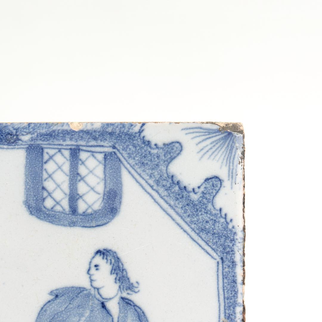 Ceramic Antique 18th Century Dutch Delft Tile of Lovers or Man with Bare Breasted Woman For Sale