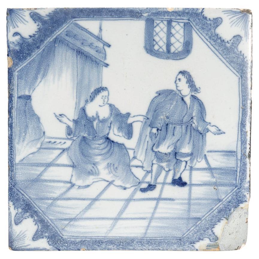 Antique 18th Century Dutch Delft Tile of Lovers or Man with Bare Breasted Woman For Sale