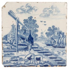 Antique 18th Century Dutch Delft Tile with a Landscape Canal & Farm Scene