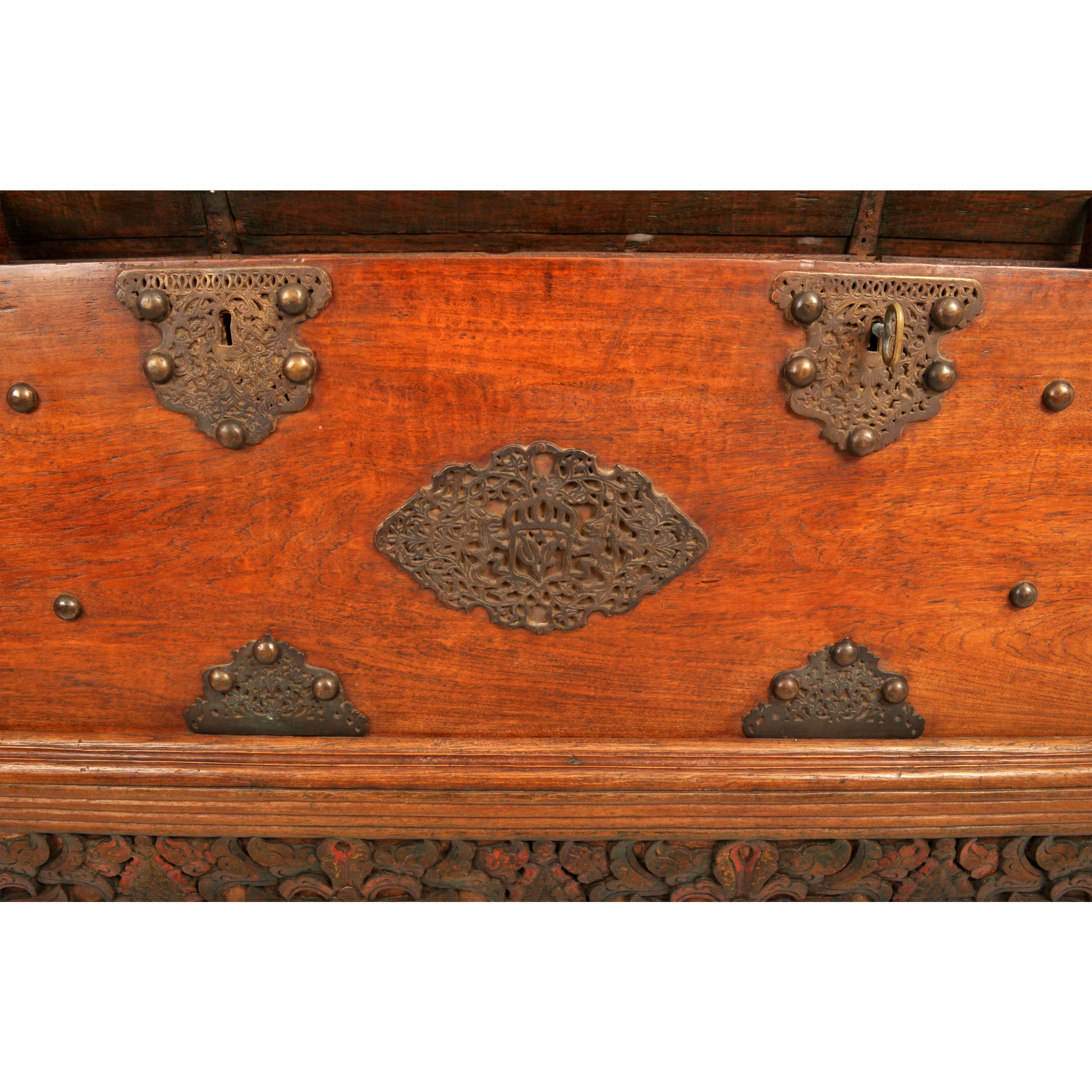 Brass Antique 18th Century Dutch East India Company VOC Carved Teak Governor's Chest