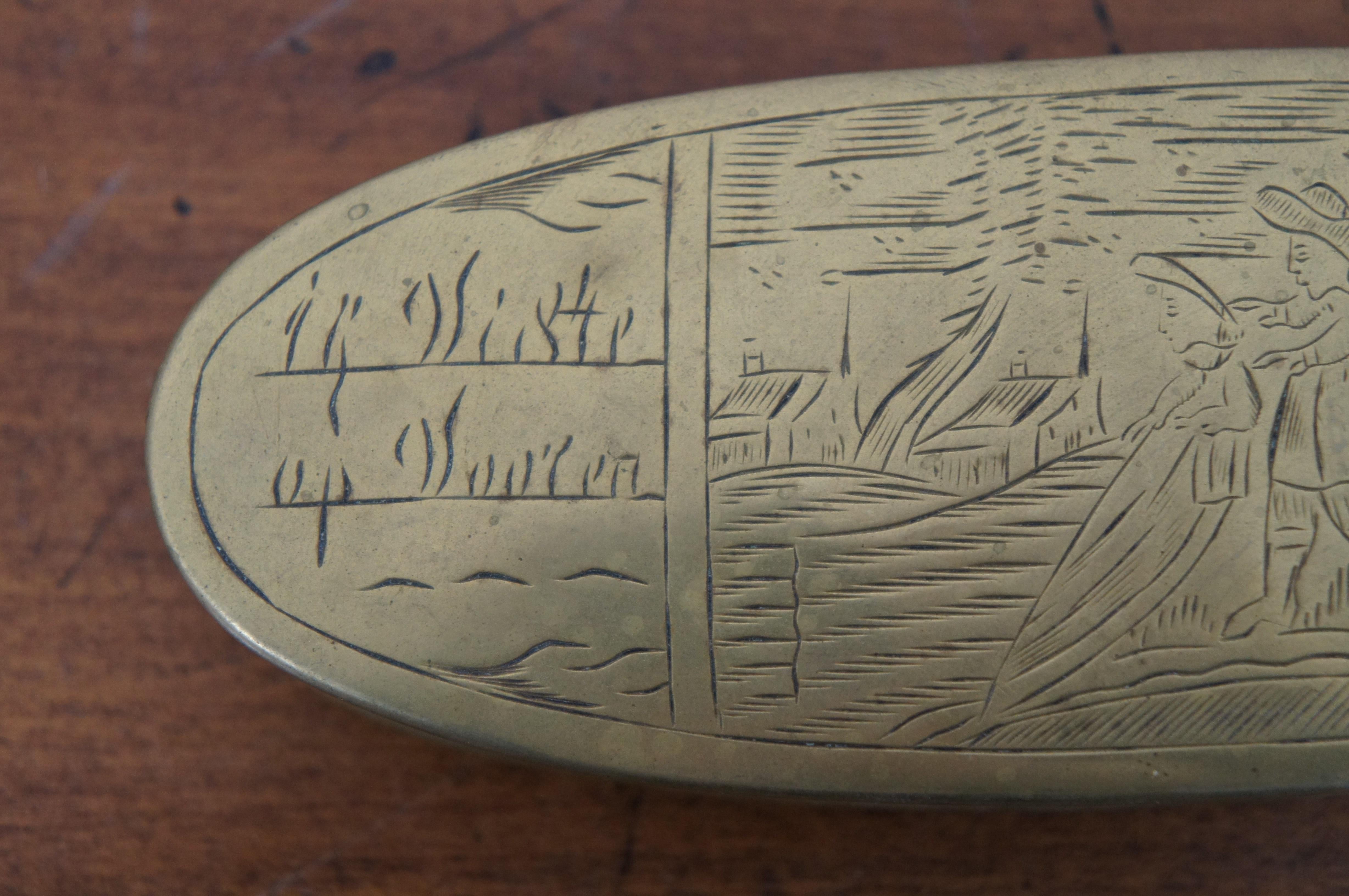 Antique 18th Century Dutch Etched Oval Brass Tinder Tobacco Snuff Box For Sale 4