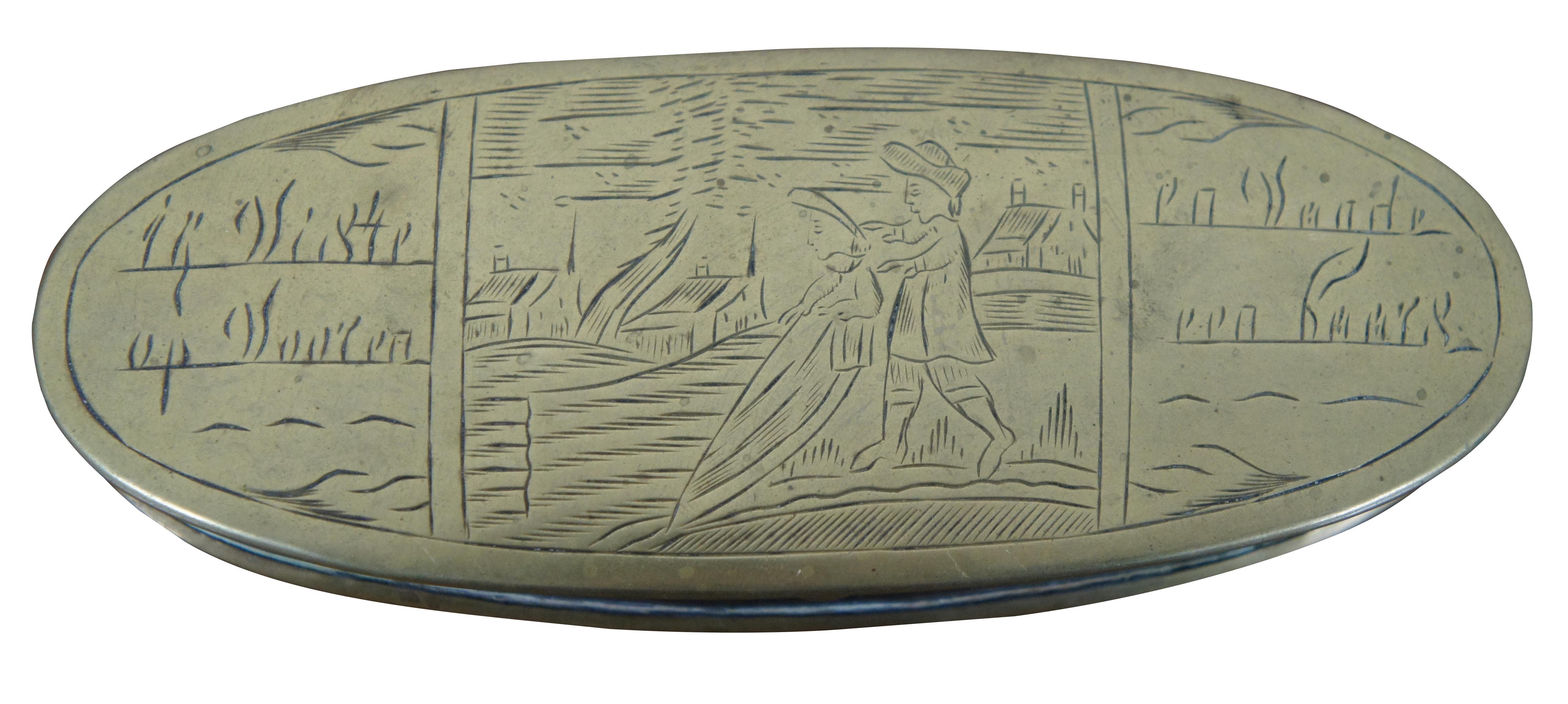 Antique late 18th century oval brass Dutch tinder / snuff / pill box, etched with phrases and a landscape of two figures plowing a field.

Voor ene goede vrind / for a good friend \[of mine\]
daar staat mijn doos steeds open. / there stays my box