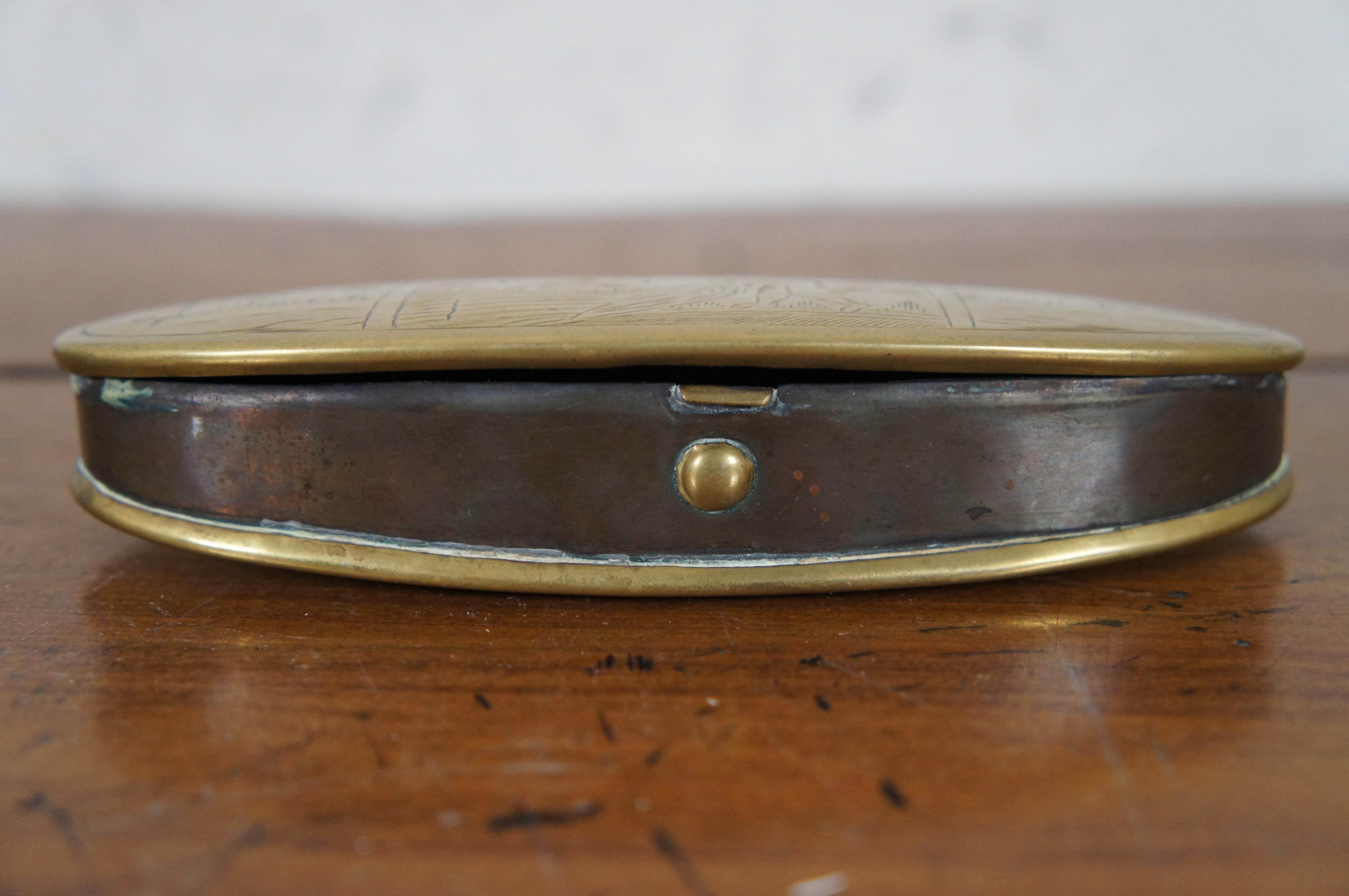 Dutch Colonial Antique 18th Century Dutch Etched Oval Brass Tinder Tobacco Snuff Box For Sale