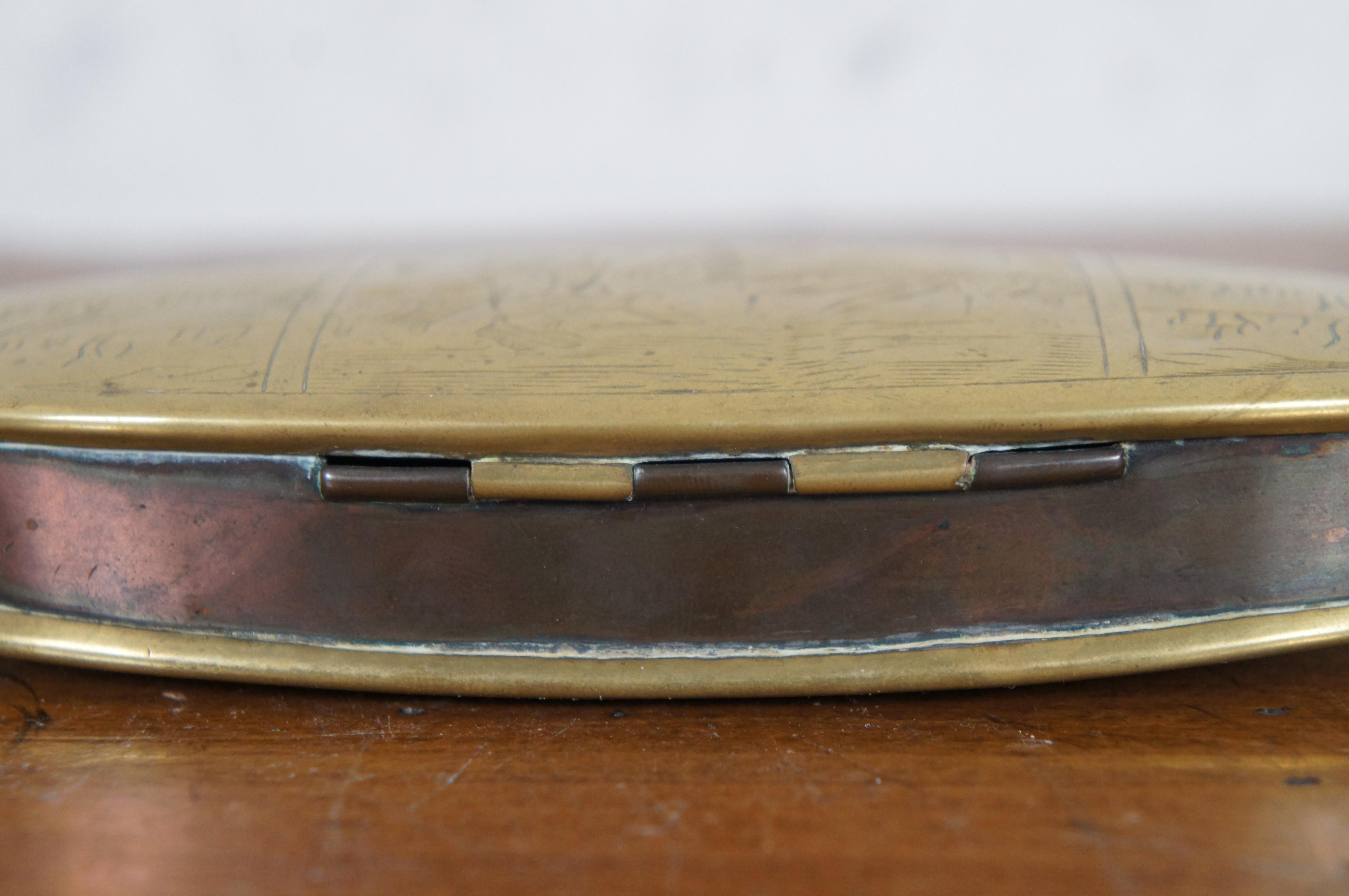 18th Century and Earlier Antique 18th Century Dutch Etched Oval Brass Tinder Tobacco Snuff Box For Sale