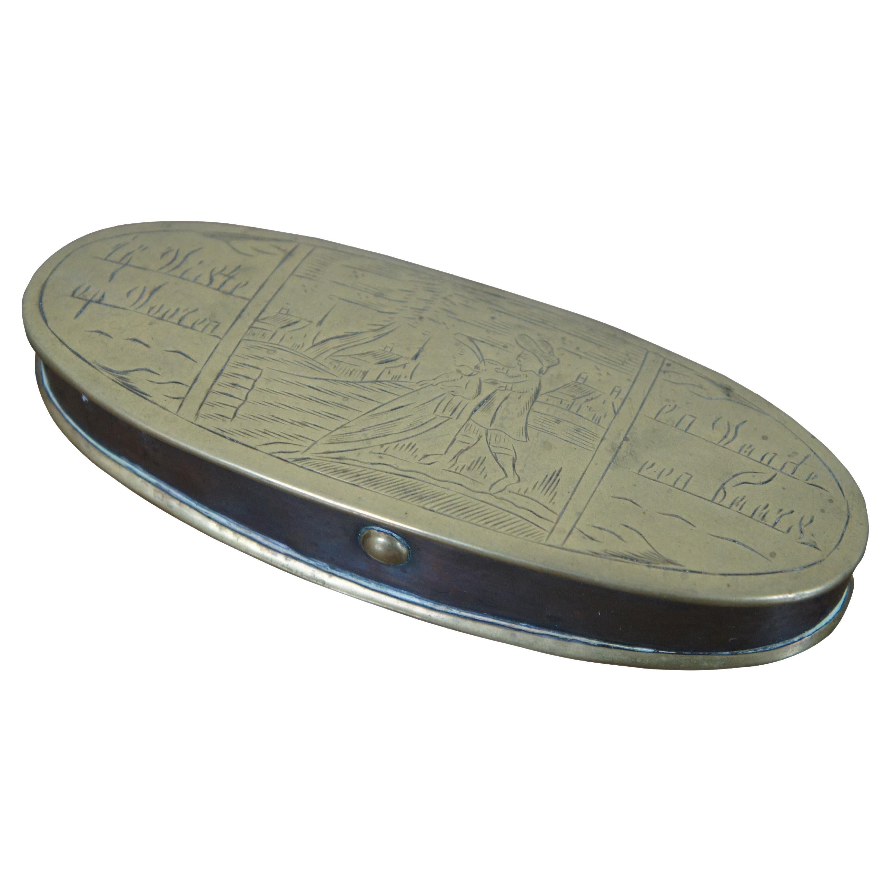 Antique 18th Century Dutch Etched Oval Brass Tinder Tobacco Snuff Box For Sale