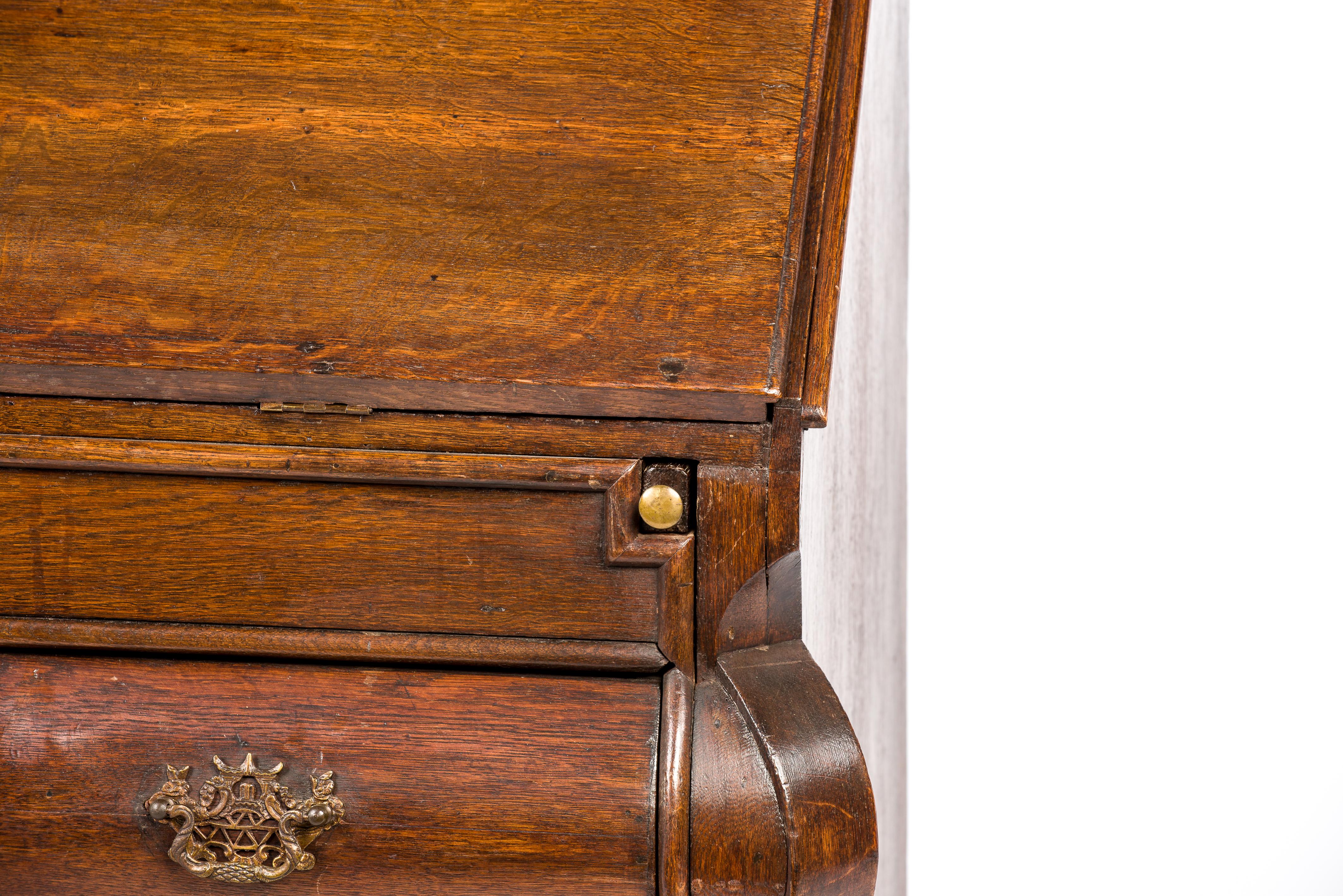 Polished Antique 18th Century Dutch Oak Drop Front Bombe Secretary Desk Secretaire For Sale