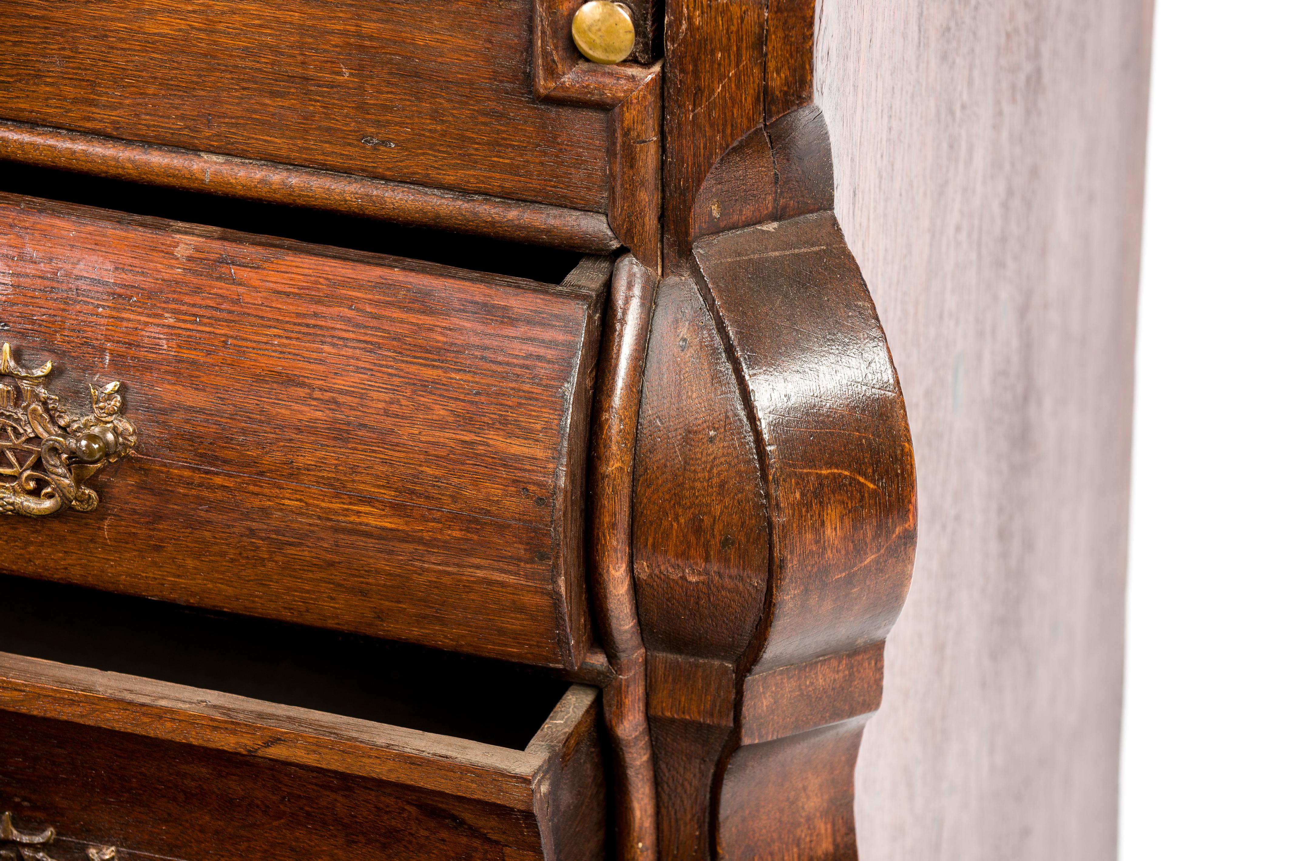 Brass Antique 18th Century Dutch Oak Drop Front Bombe Secretary Desk Secretaire For Sale