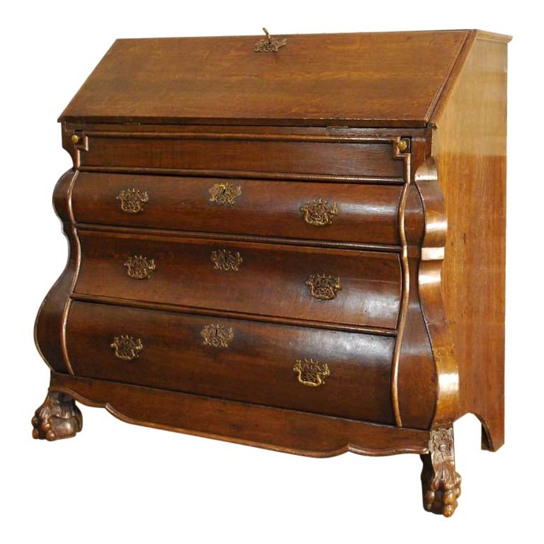 Antique 18th Century Dutch Oak Drop Front Bombe Secretary Desk
