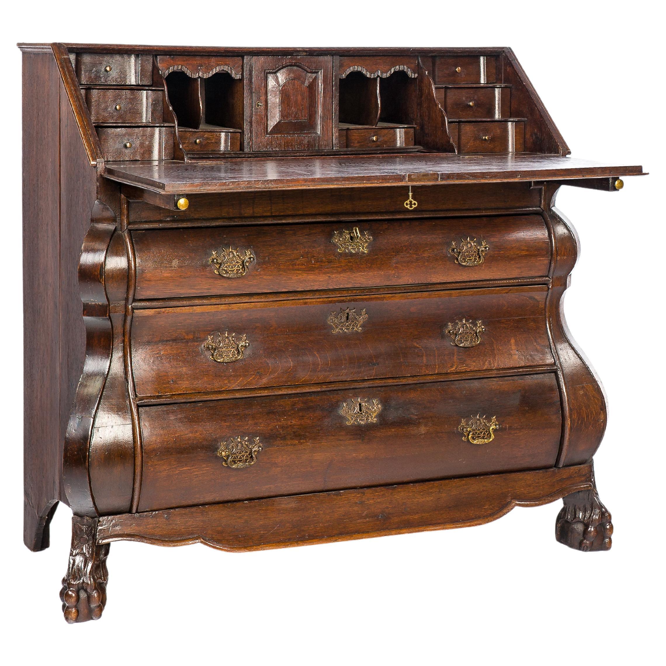 Antique 18th Century Dutch Oak Drop Front Bombe Secretary Desk Secretaire For Sale