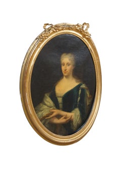 Antique 18th Century Dutch Oil Painting on Canvas Oval Portrait Seated Woman