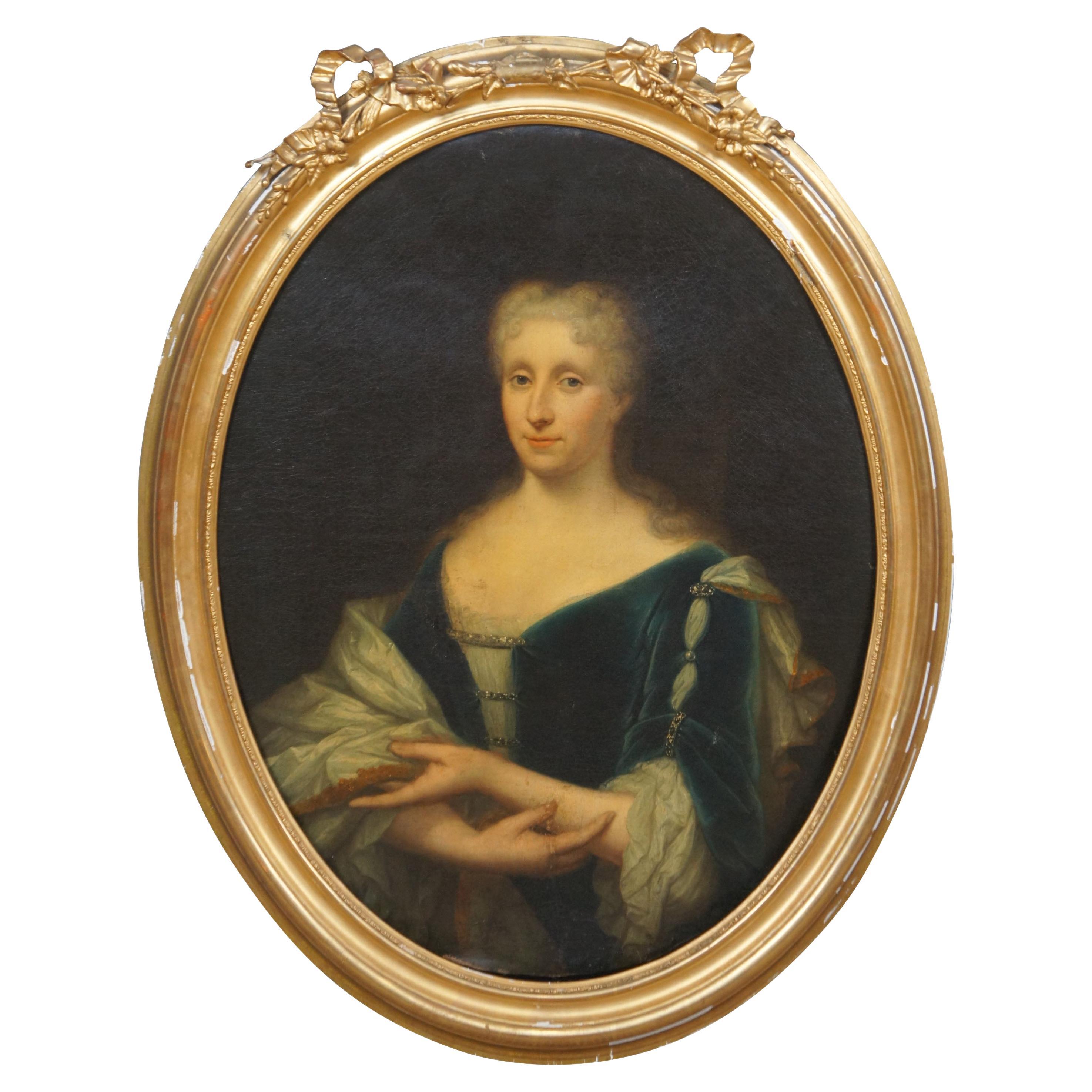 Ancienne peinture à l'huile sur toile hollandaise du 18ème siècle - Portrait ovale de femme assise - 40 po. en vente
