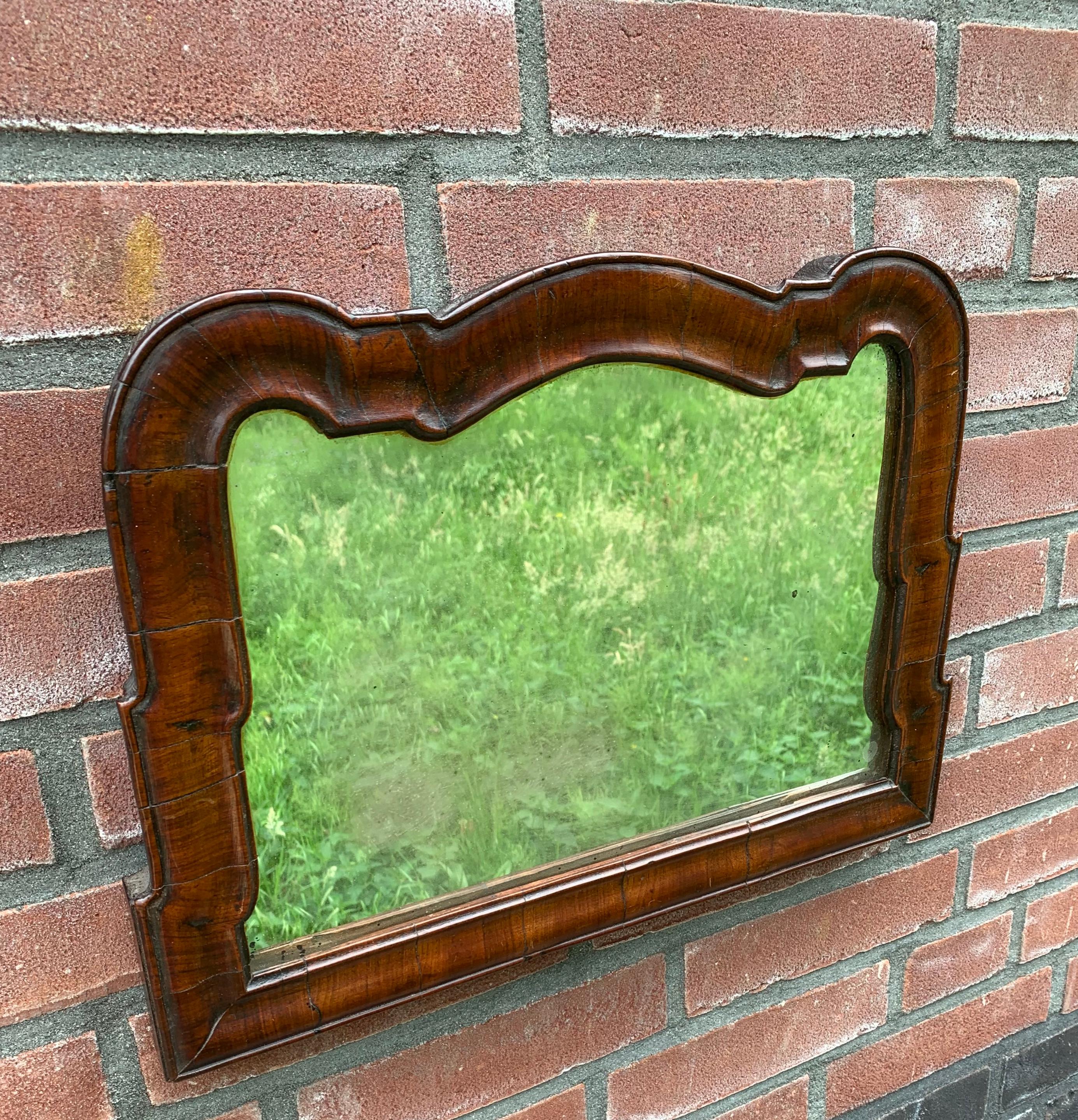 Hand-Crafted Antique 18th Century Dutch Queen Ann Style Wall Mirror in Dark Nutwood Frame For Sale