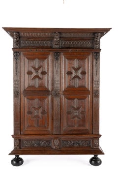 Antique 18th century Dutch Renaissancewarm brown oak two door cabinet