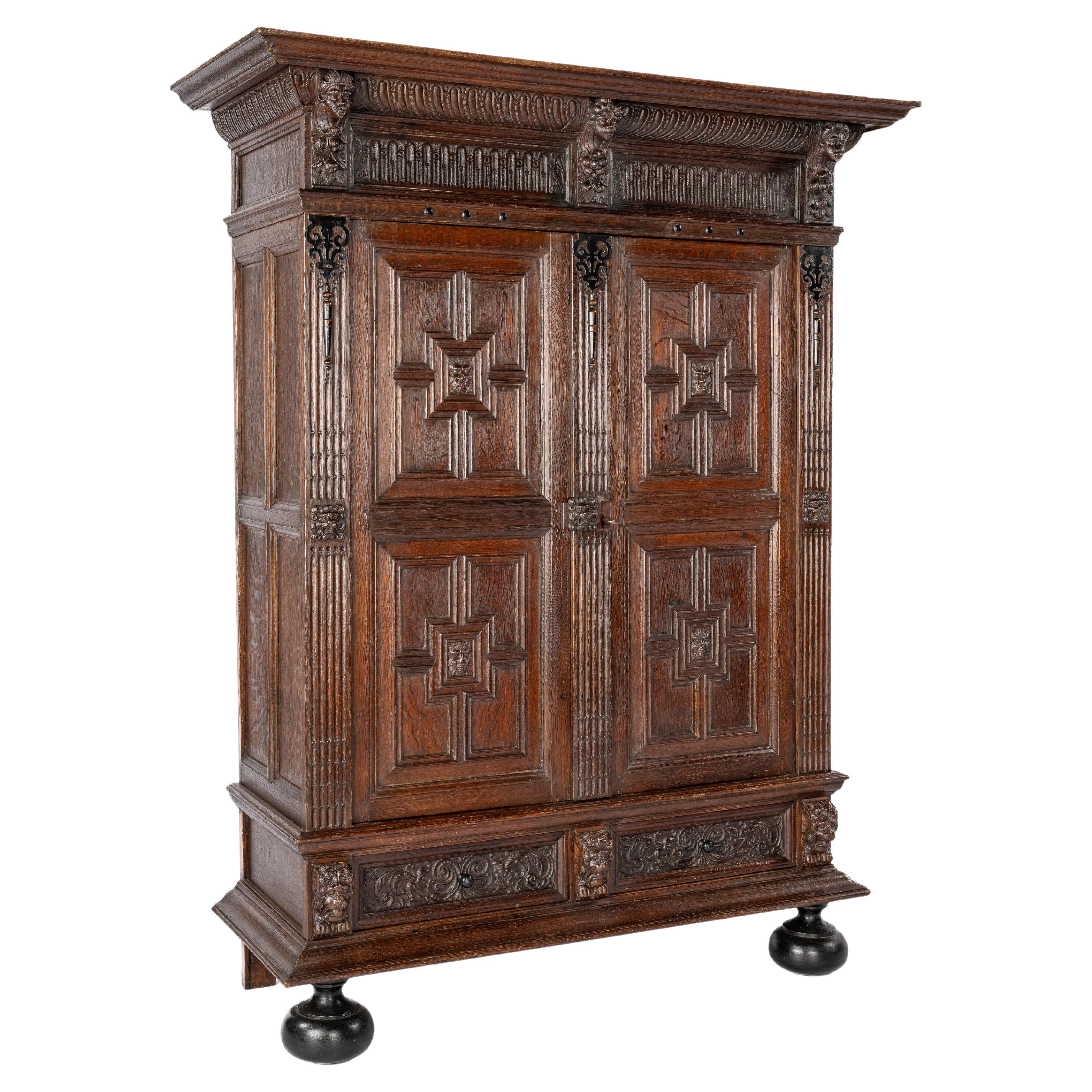Antique 18th century Dutch Renaissancewarm brown oak two door cabinet For Sale