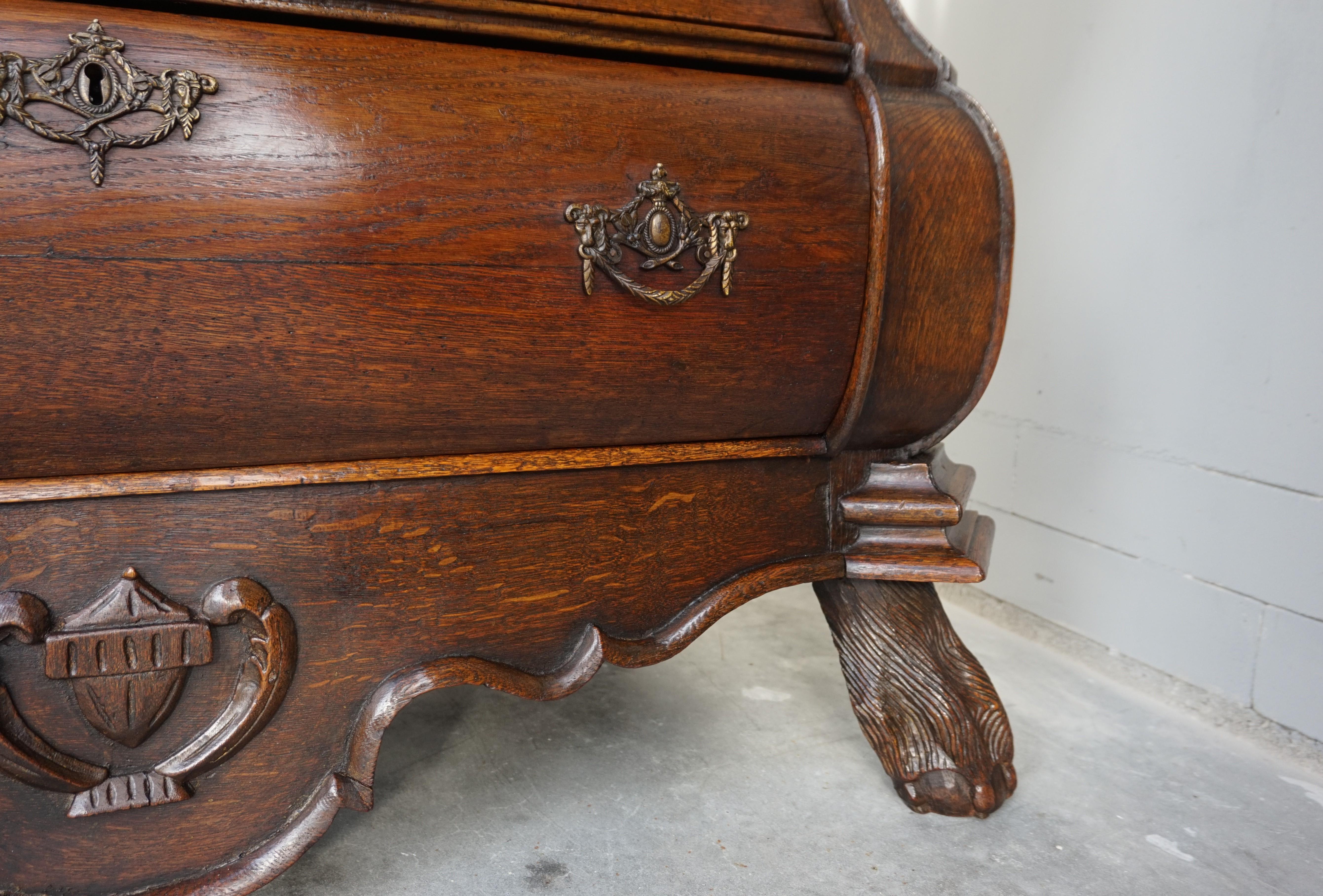 Antique 18th Century Dutch Rococo Oak Bomb Chest of Drawers with Claw Feet For Sale 4