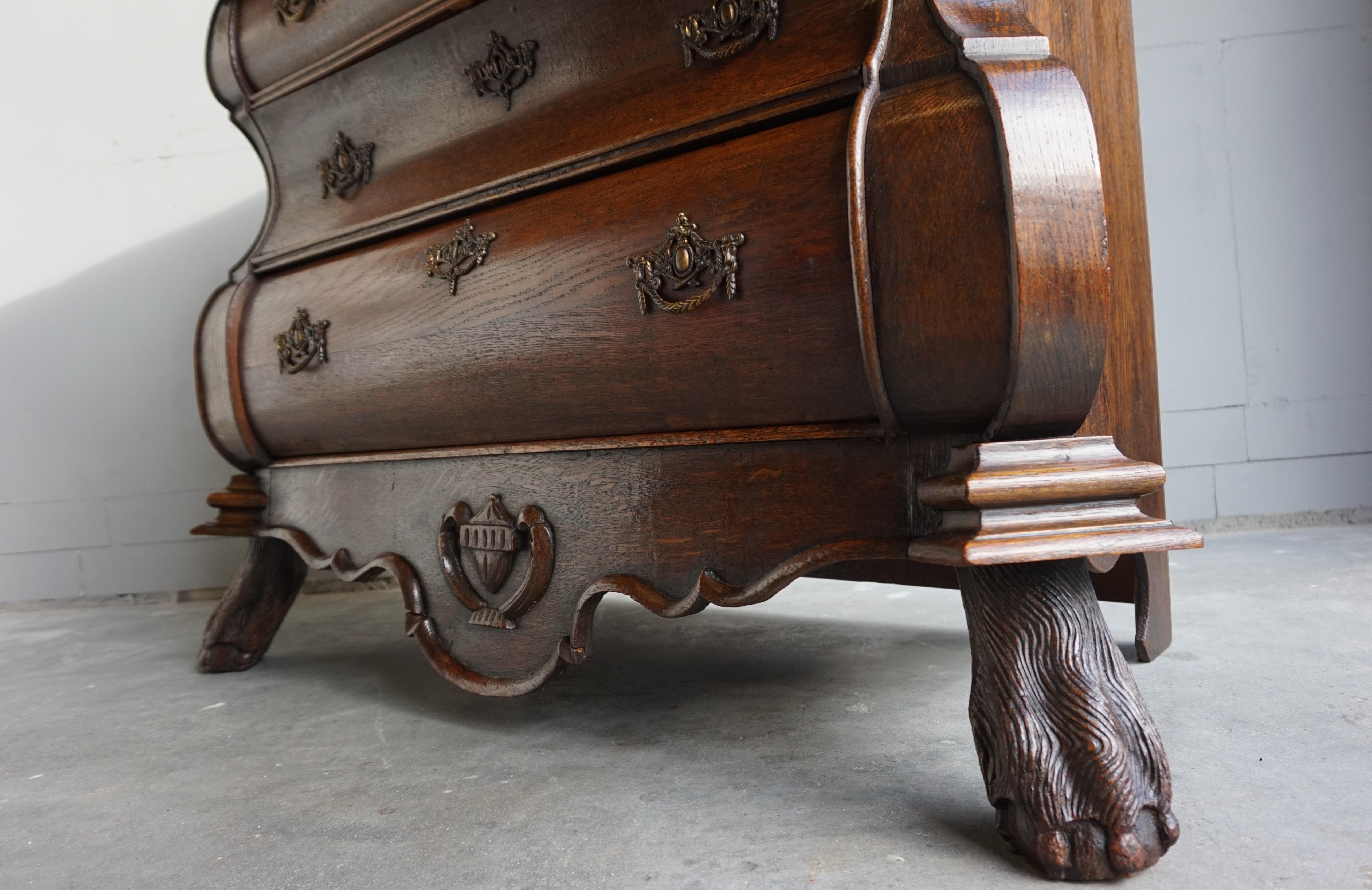 Antique 18th Century Dutch Rococo Oak Bomb Chest of Drawers with Claw Feet For Sale 7