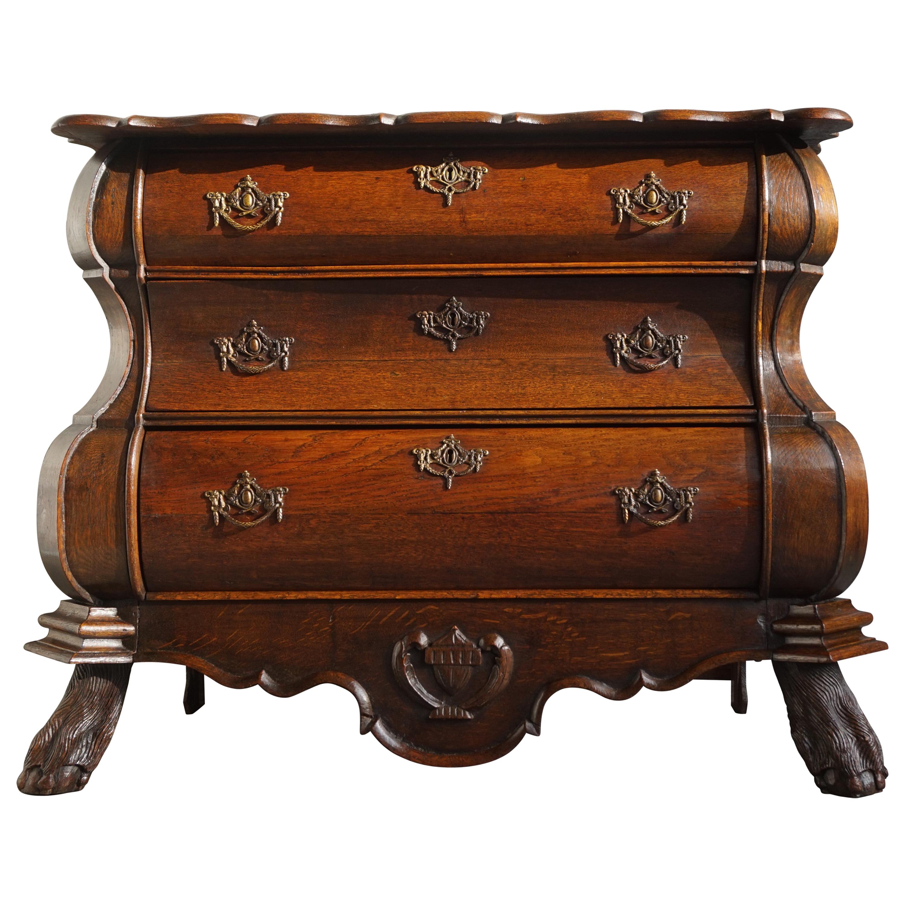 Antique 18th Century Dutch Rococo Oak Bomb Chest of Drawers with Claw Feet For Sale