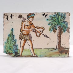 Antique 18th Century Dutch Terra Cotta Pottery Tile depicting a Native American