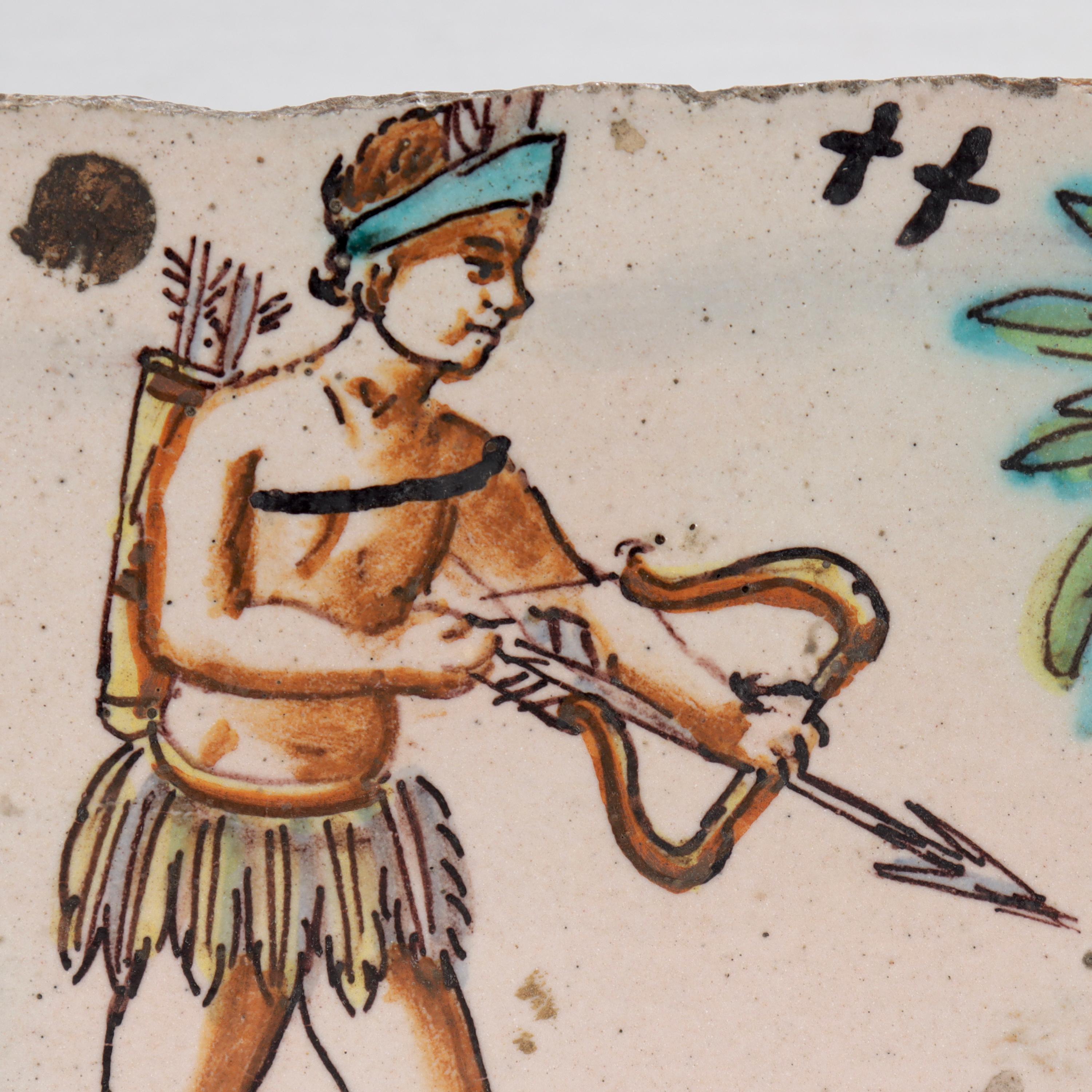 XVIIIe siècle et antérieur Antique carreau de poterie néerlandais en terre cuite du 18ème siècle représentant un amérindien en vente