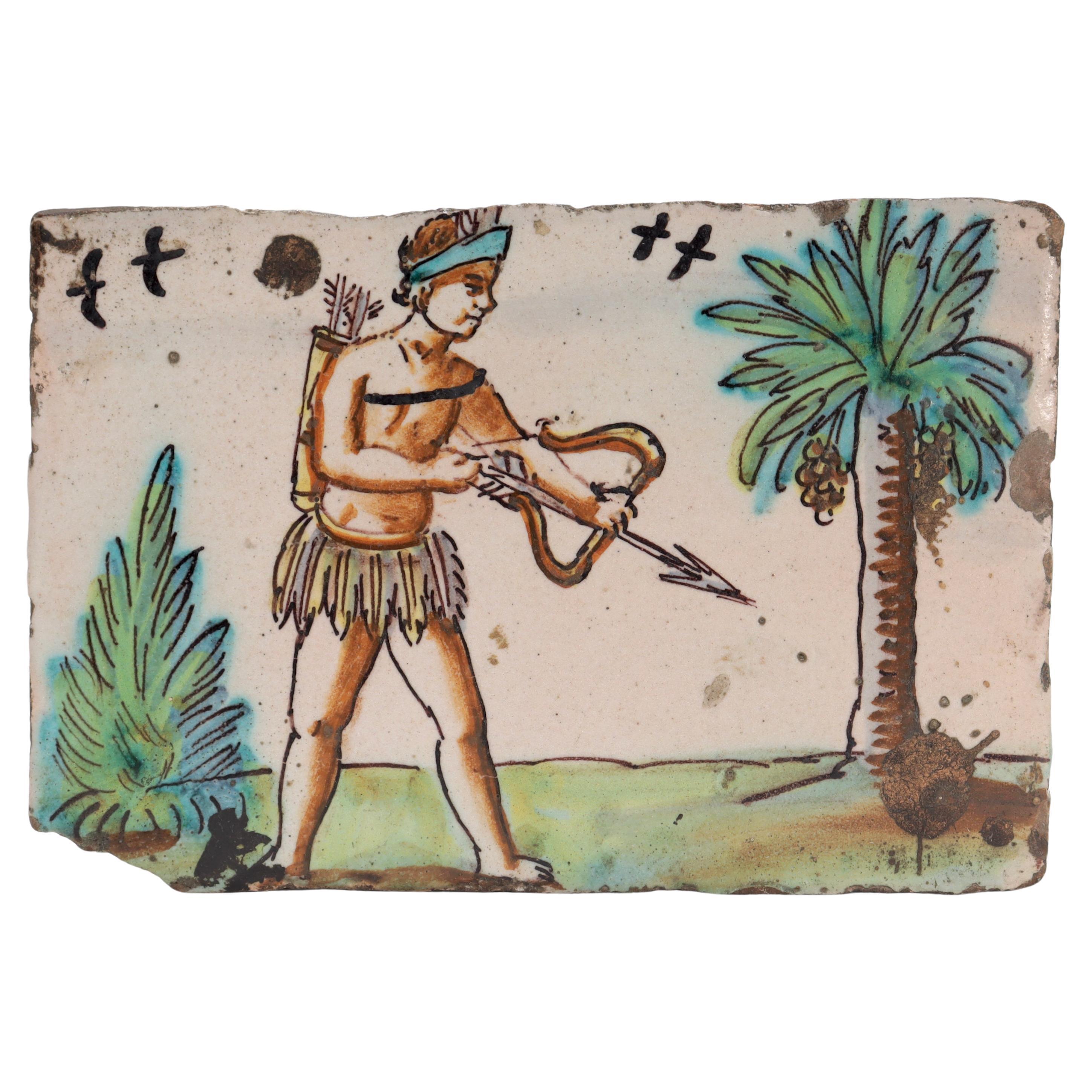 Antique 18th Century Dutch Terra Cotta Pottery Tile depicting a Native American For Sale