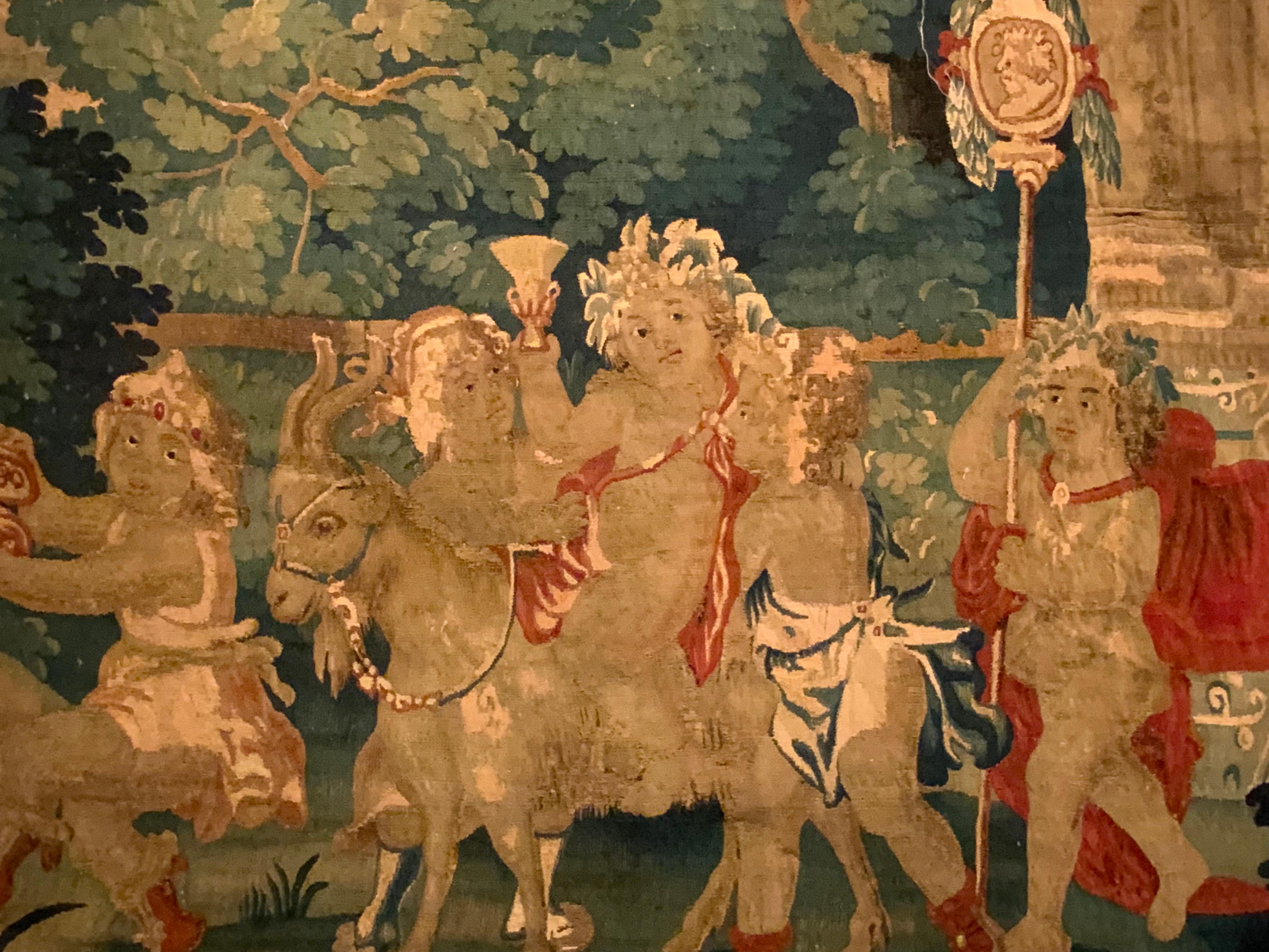 Charming 18th Century English Aubusson Tapestry, handwoven in wool and silk at the famous Mortlake workshop.  It depicts a scene from the well known 