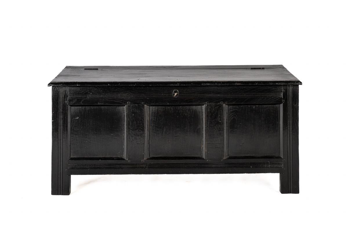 Questa antica cassapanca in quercia inglese del XVIII secolo è un mobile robusto e funzionale dal carattere senza tempo. È realizzato con la migliore quercia estiva europea, tinta di nero e poi laccata, per dare un aspetto classico e profondo. Nel