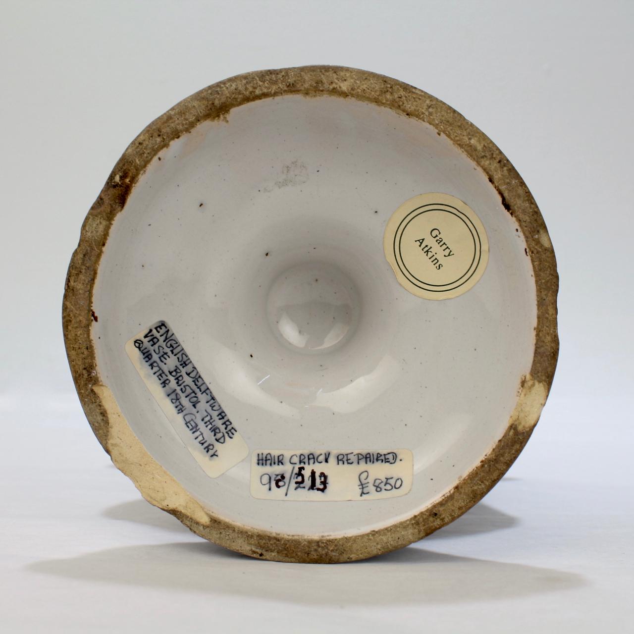 Antique 18th Century English Bristol Delftware Pottery Urn or Vase 1