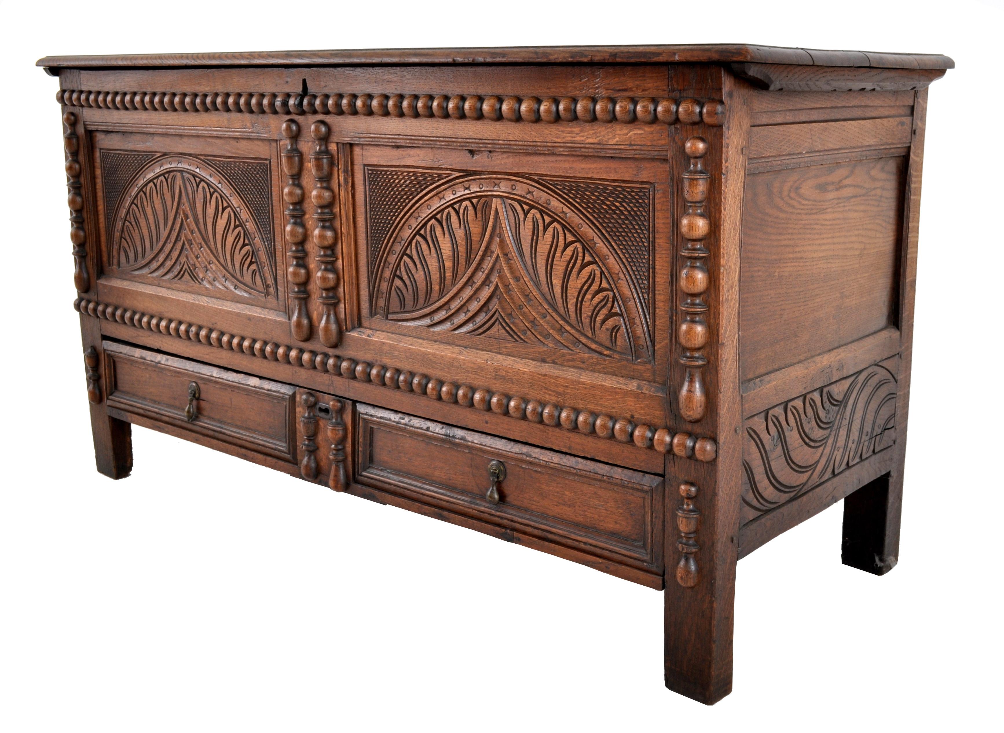 William and Mary Antique 18th Century English Carved Oak William & Mary Mule Chest/Coffer, 1720