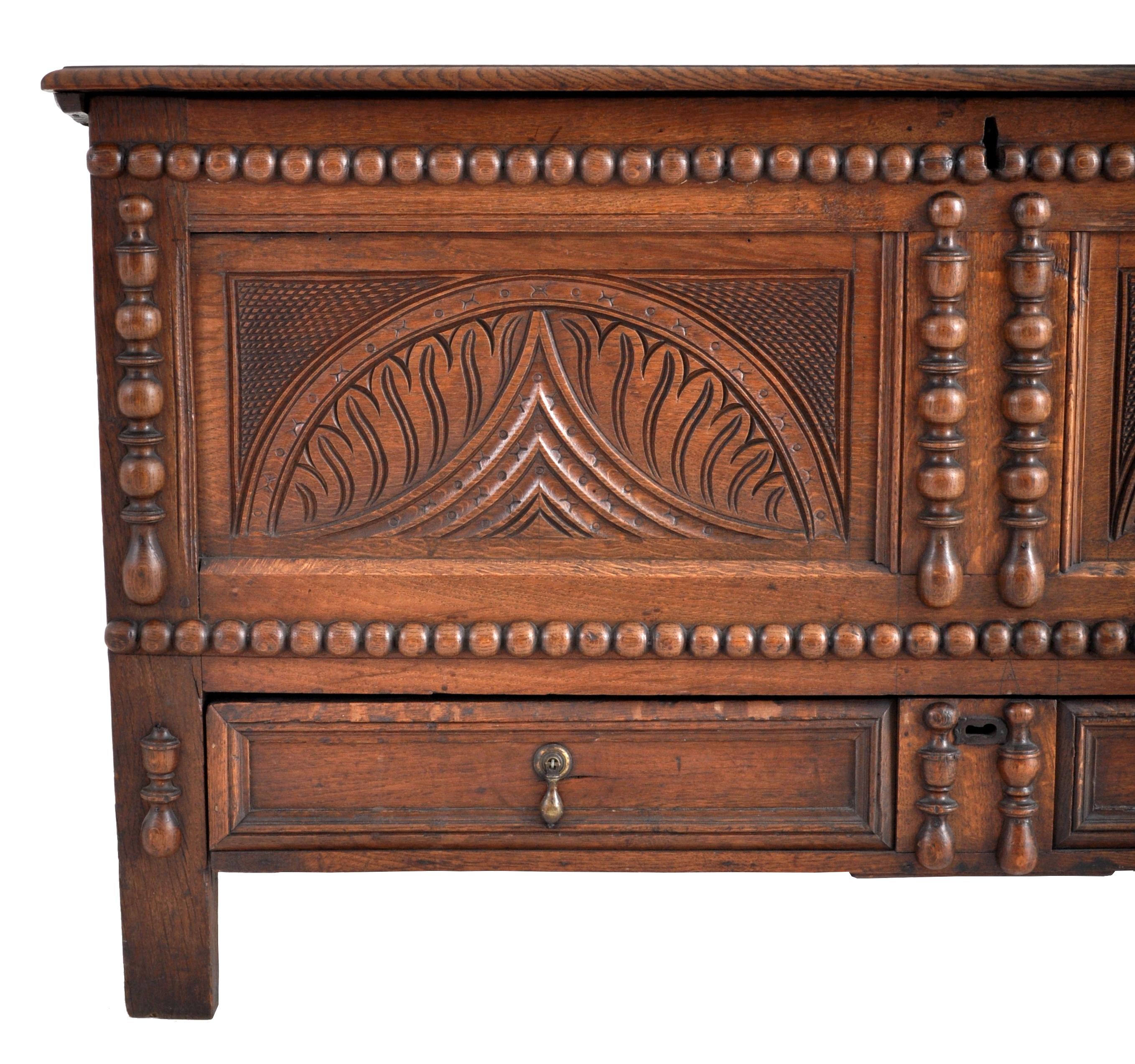 Appliqué Antique 18th Century English Carved Oak William & Mary Mule Chest/Coffer, 1720