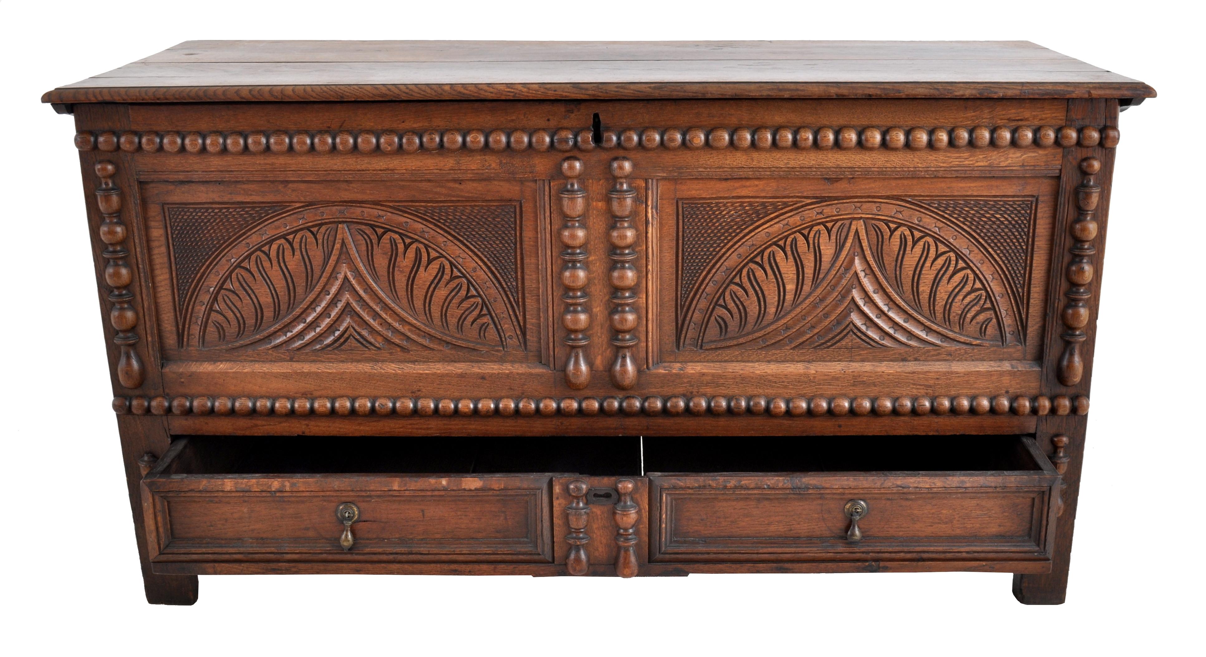 Antique 18th Century English Carved Oak William & Mary Mule Chest/Coffer, 1720 2