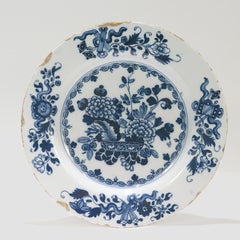 Antique 18th Century English Delft Chinoiserie Plate with Chrysanthemums