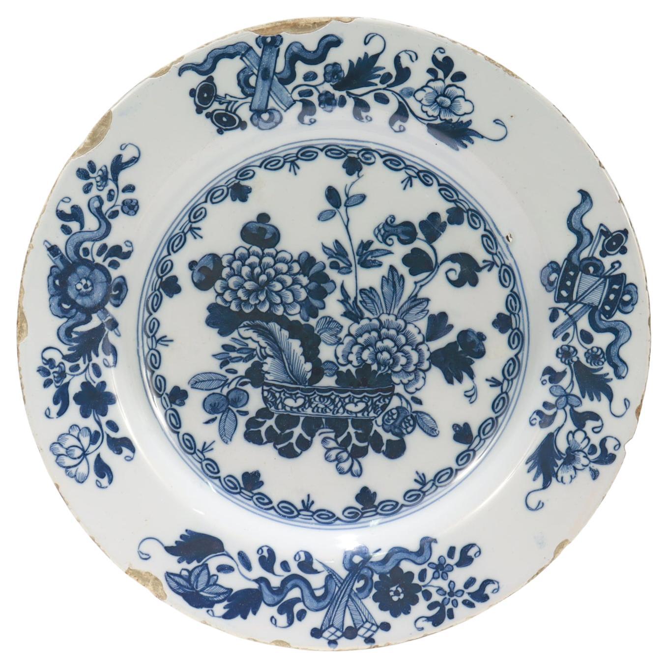 Antique 18th Century English Delft Chinoiserie Plate with Chrysanthemums