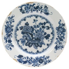Antique 18th Century English Delft Chinoiserie Plate with Chrysanthemums