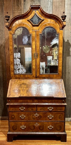 Antique 18th Century English George III Burled Walnut & Oyster Veneer Secretary.