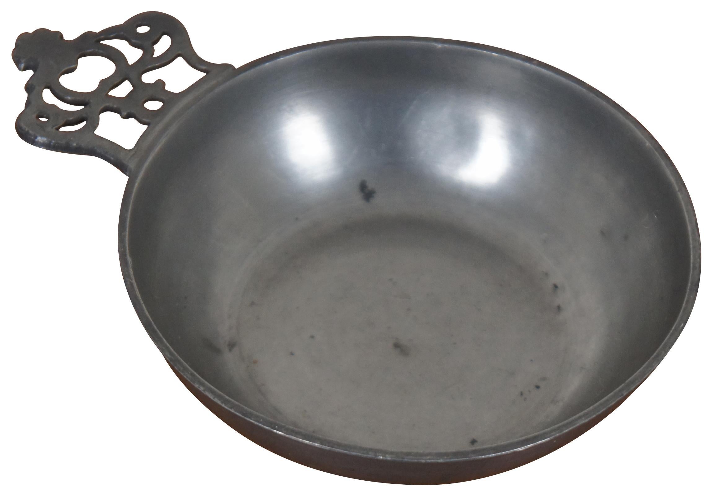 Late 18th Century Antique English Georgian pewter porringer soup or stew bowl, dish or cup with crown handle / ear by William Wright of Little Minories, London, England. Wright was elected to the London Guild in 1764.
 