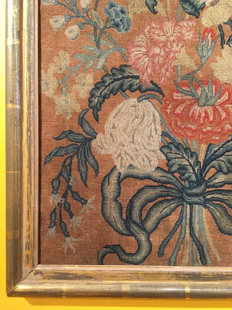 Antique 18th Century English Needlework Tapestry Picture of Flowers For
