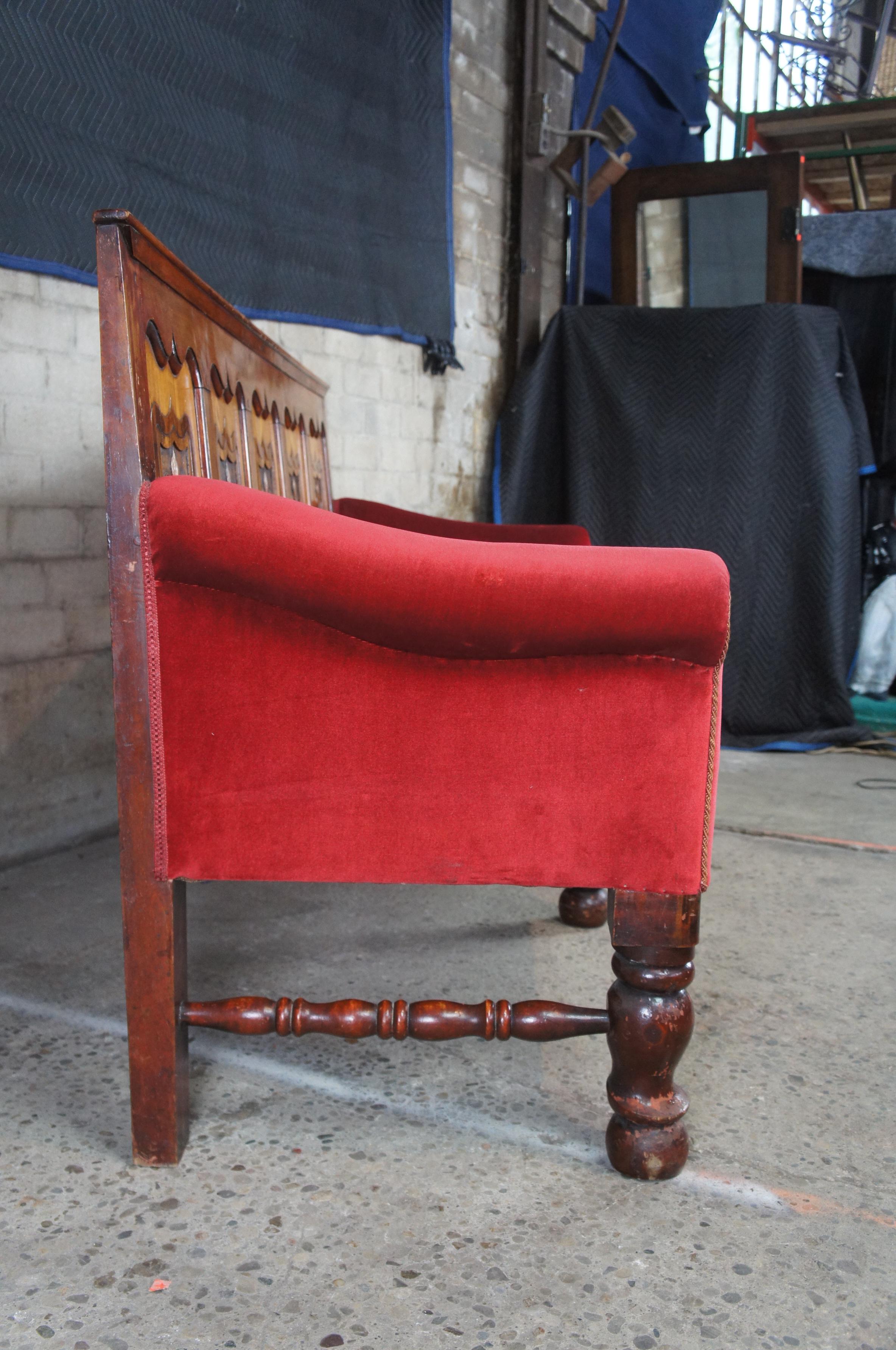 Upholstery Antique 18th Century English Paneled Oak Pub Bench Settle Pew Gothic Revival For Sale