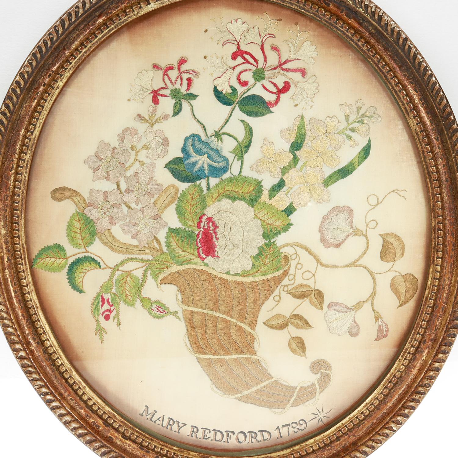 A fine antique English embroidery. 

On a pale silk backing using silk thread.

Signed 