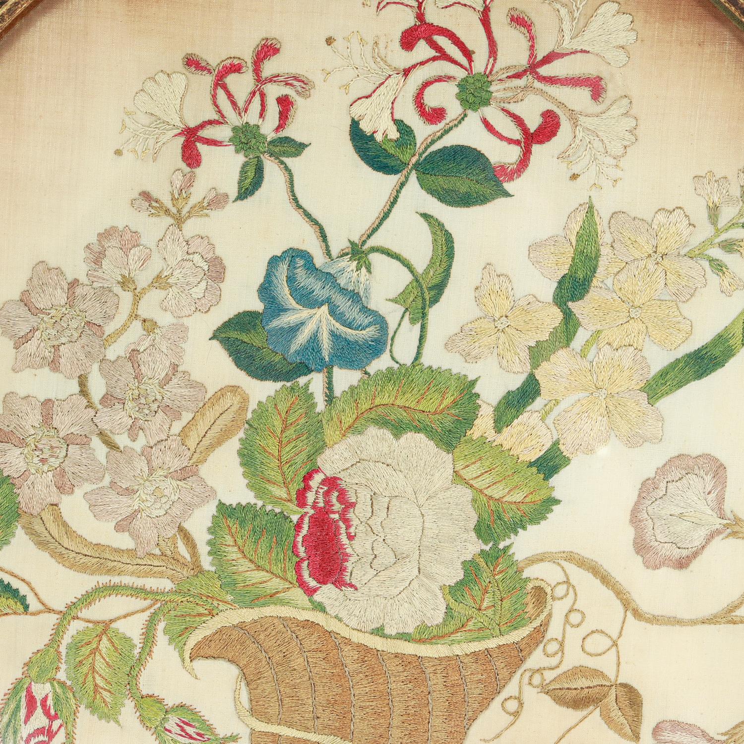 Georgian Antique 18th Century English Silk Needlework Embroidery with Cornucopia