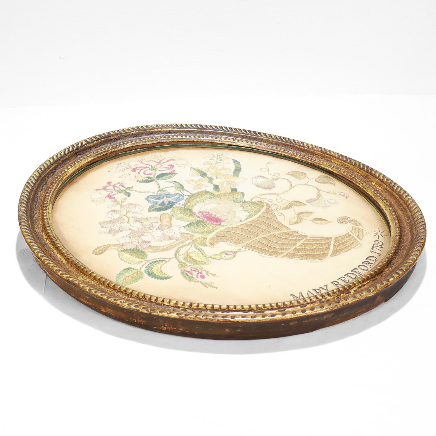 Antique 18th Century English Silk Needlework Embroidery with Cornucopia 3