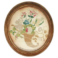 Antique 18th Century English Silk Needlework Embroidery with Cornucopia