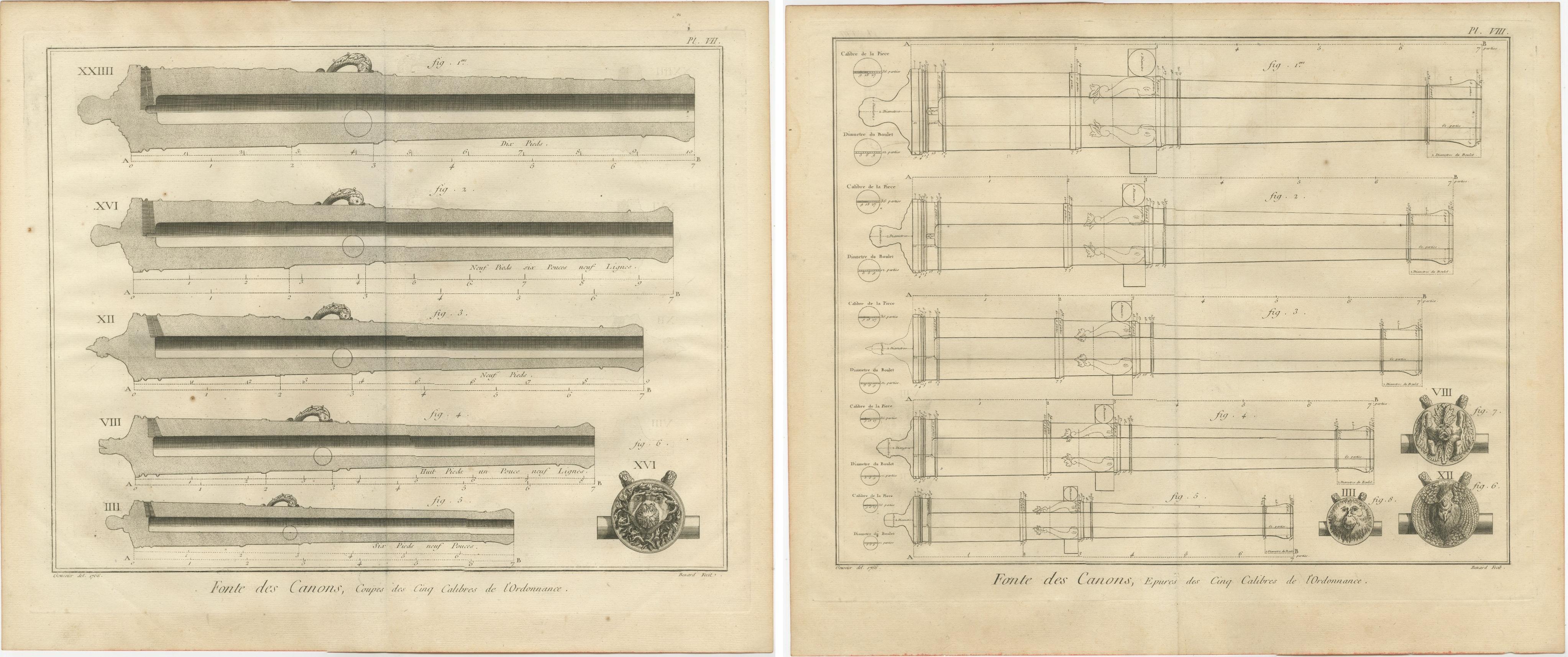 Gravure ancienne du XVIIIe siècle de Diderot sur les designs et les coupes transversales des canons Bon état - En vente à Langweer, NL