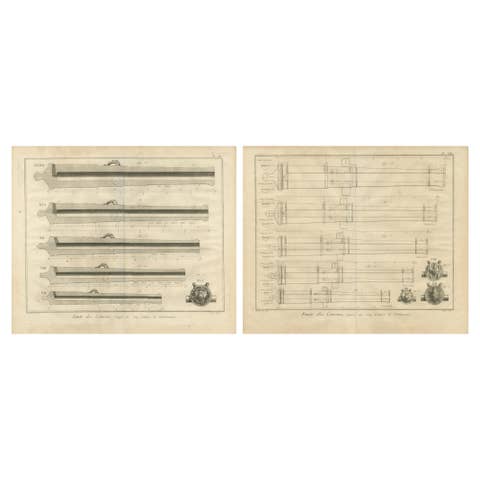 Antique 18th Century Engraving of Cannon Designs and Cross-Sections from Diderot