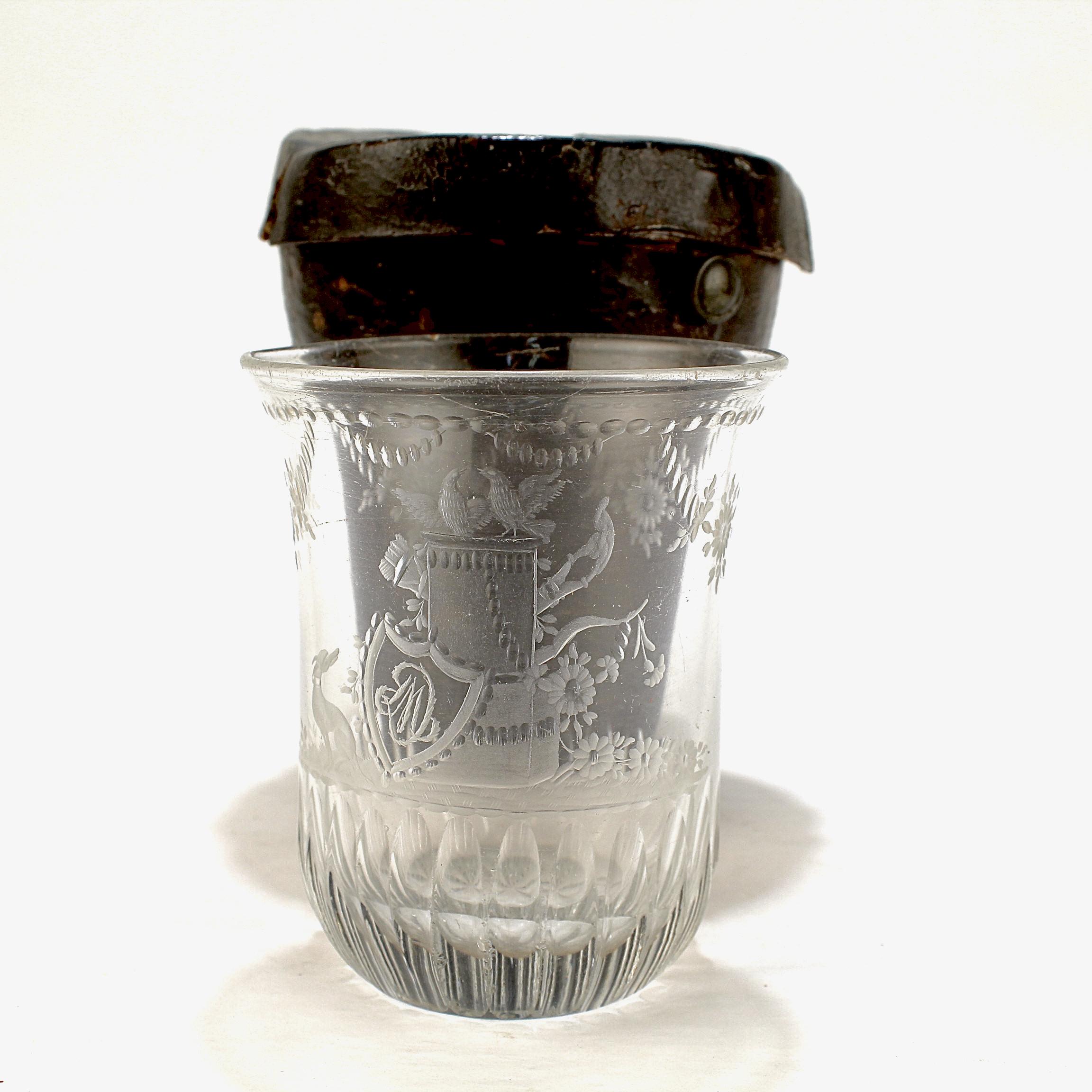 Baroque Antique 18th Century Etched Glass Tumbler or Cup & Leather Travel Case 