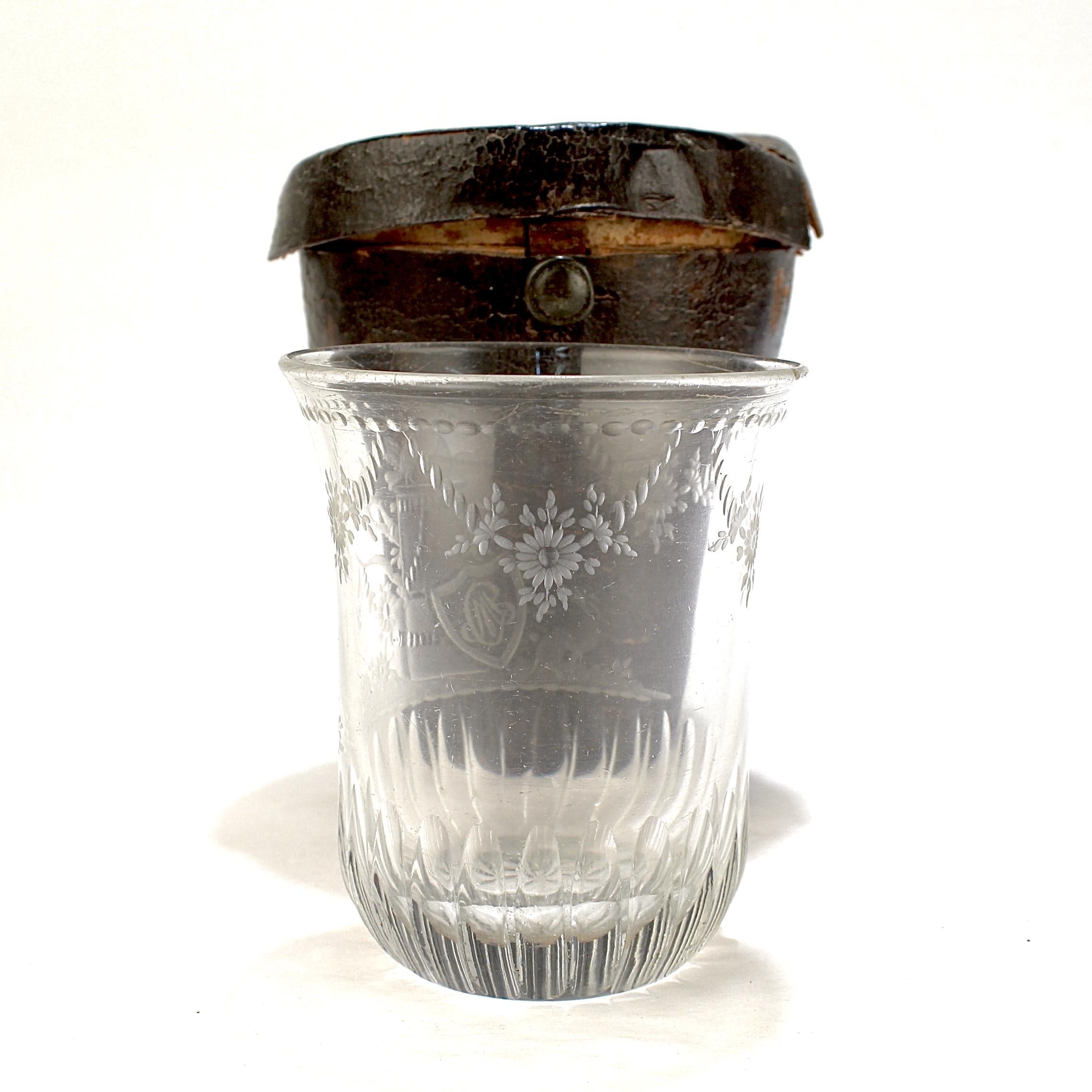 Antique 18th Century Etched Glass Tumbler or Cup & Leather Travel Case  In Good Condition In Philadelphia, PA