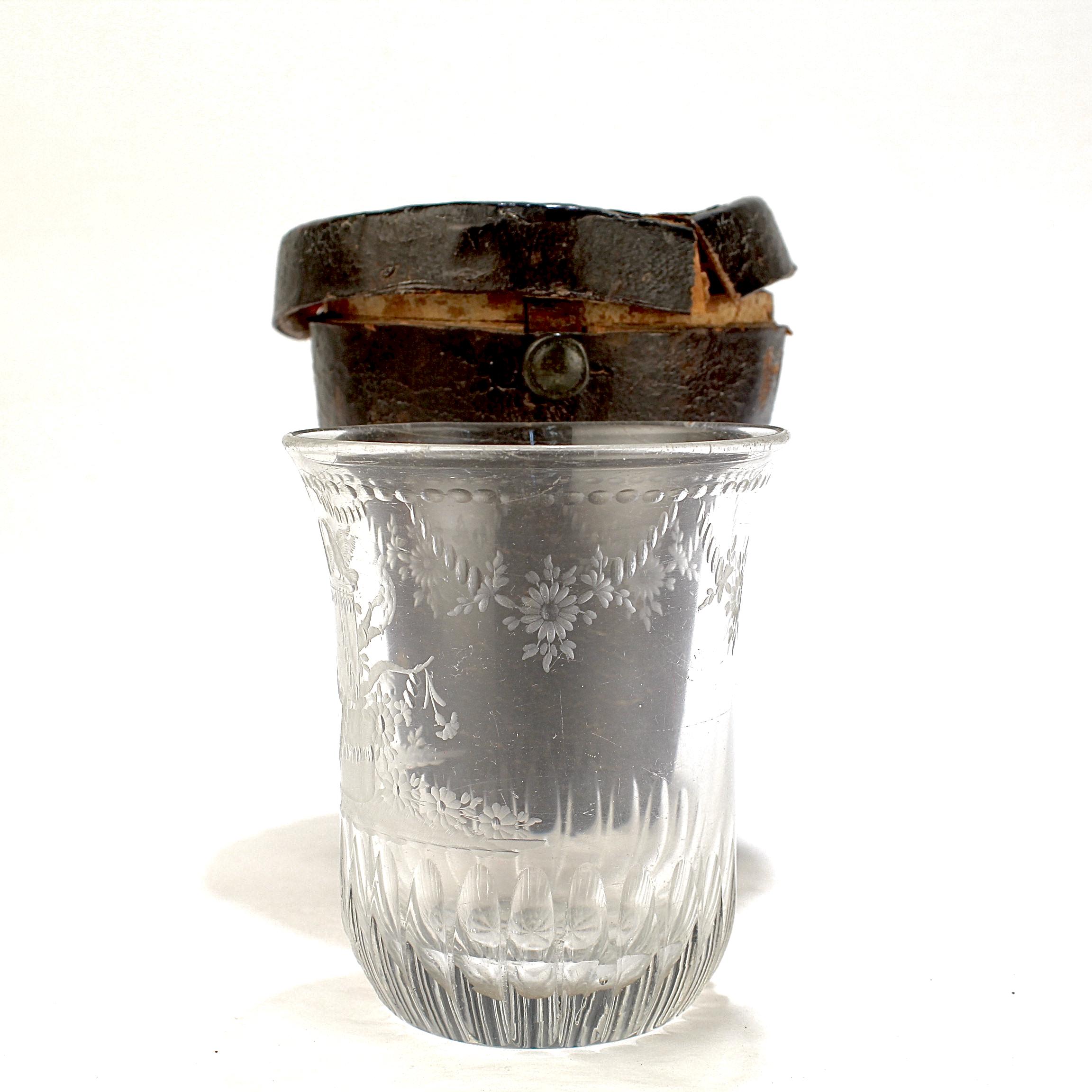 18th Century and Earlier Antique 18th Century Etched Glass Tumbler or Cup & Leather Travel Case 