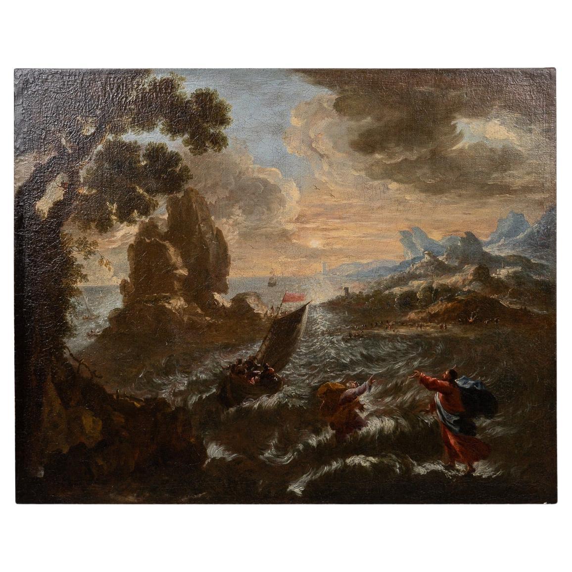 Huile sur toile européenne ancienne du 18ème siècle représentant une scène navale