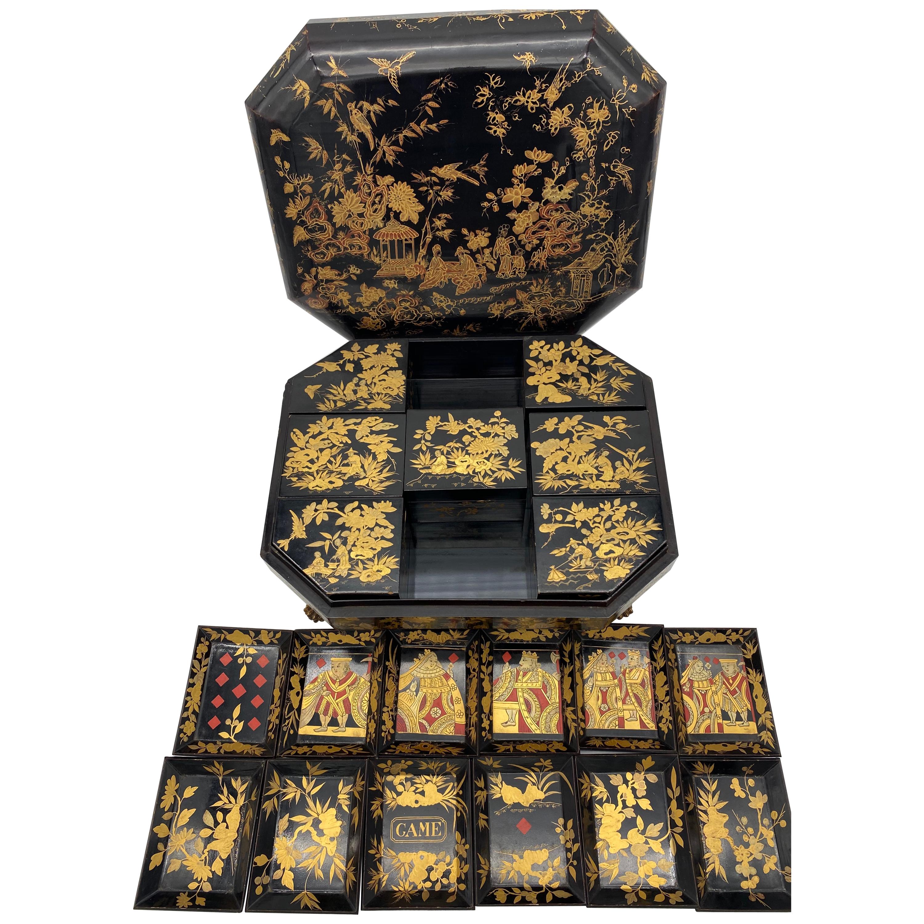 Antike chinesische Export-Spielkasten aus lackiertem Lack aus dem 18. Jahrhundert