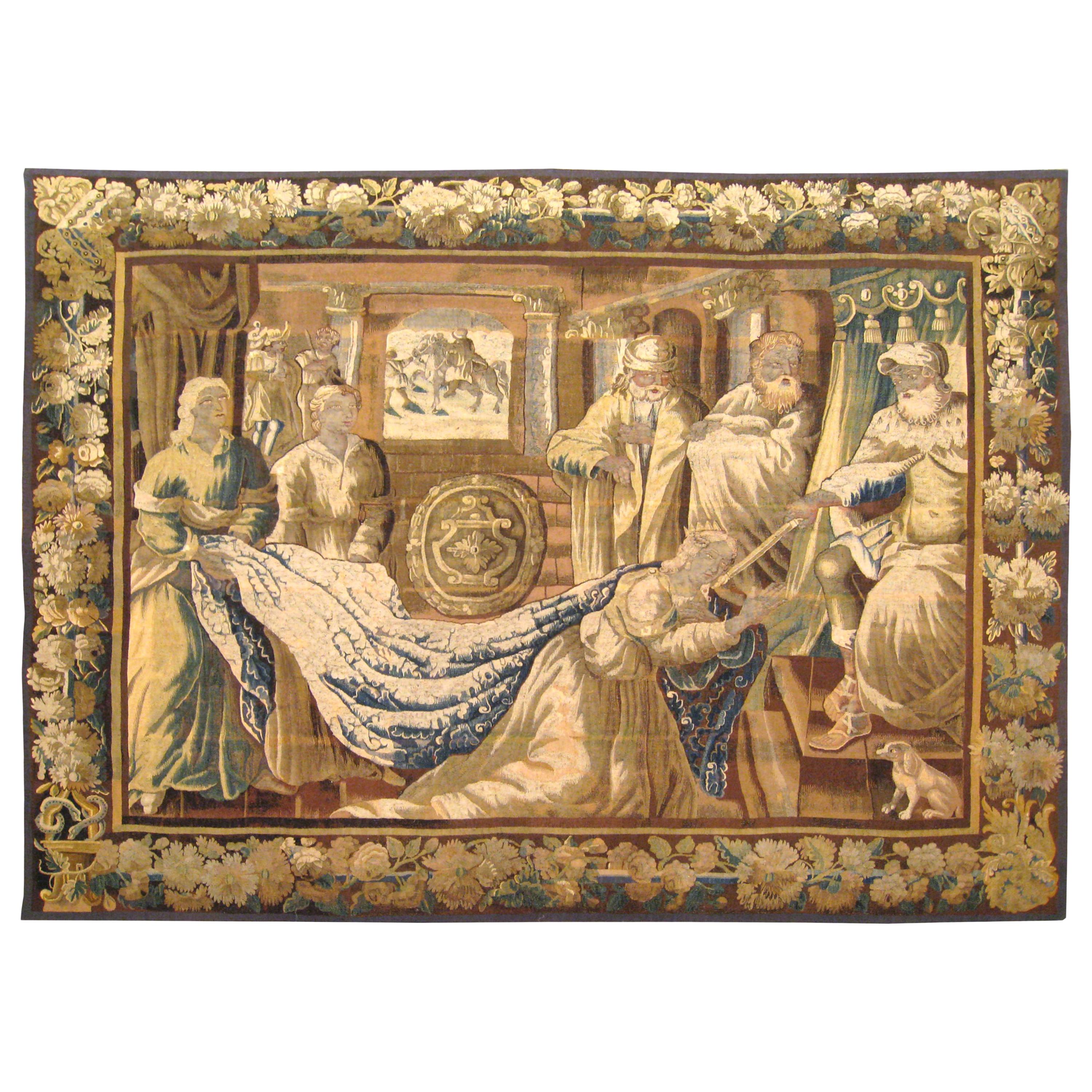Antique 18th Century Flemish Biblical Tapestry, with Queen Esther & Ahashverosh For Sale