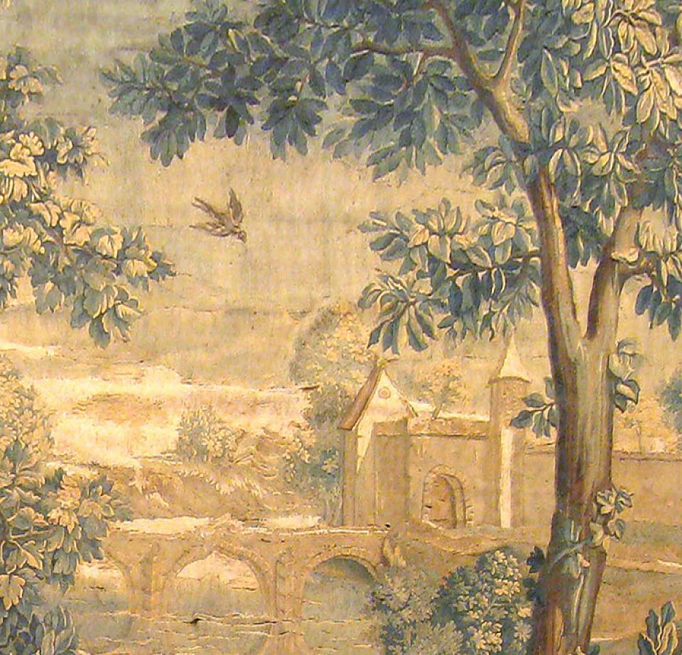 Hand-Woven Antique 18th Century French Landscape Verdure Tapestry, with Birds in the Woods